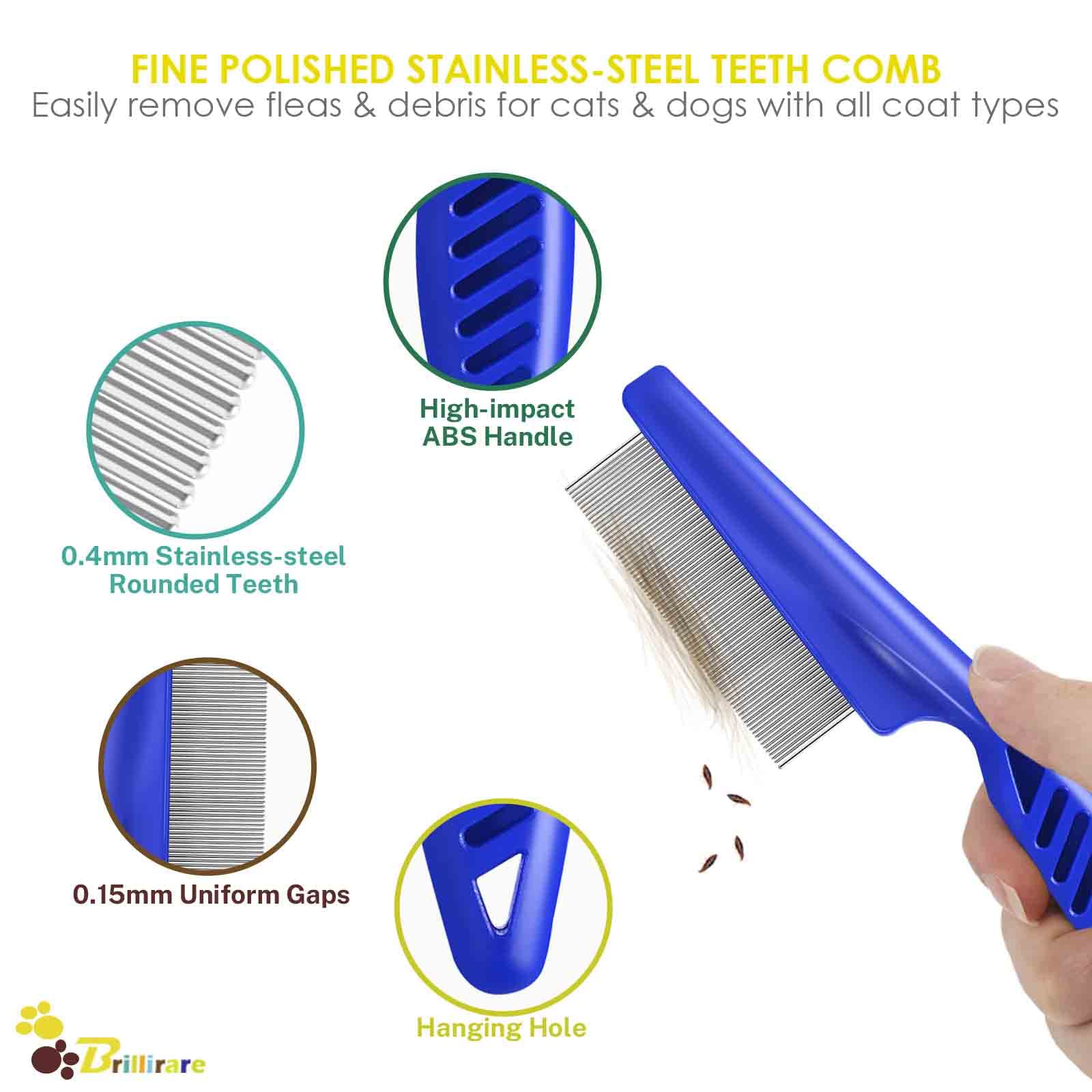 Brillirare 4 Pack Flea & Lice Comb Set - Stainless Steel Pet Grooming Combs with Rounded Teeth for Dogs & Cats | Double Sided Professional Tear Stain Remover & Dematting Tool for Small, Medium & Large Pets | Perfect for Home Grooming & Pet Salon Use
