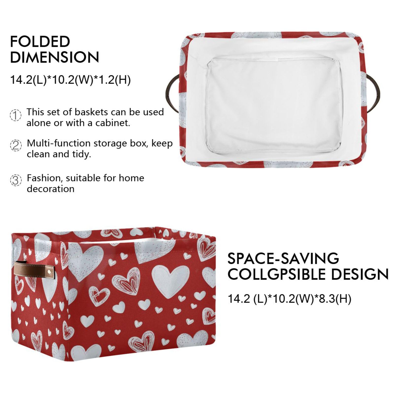 2PCS Red Heart Valentine's Day Fabric Storage Bins with Handles - Closet Organizer Baskets for Clothes, Toys & Home Decor | Perfect for Bedroom, Nursery & Gift Giving