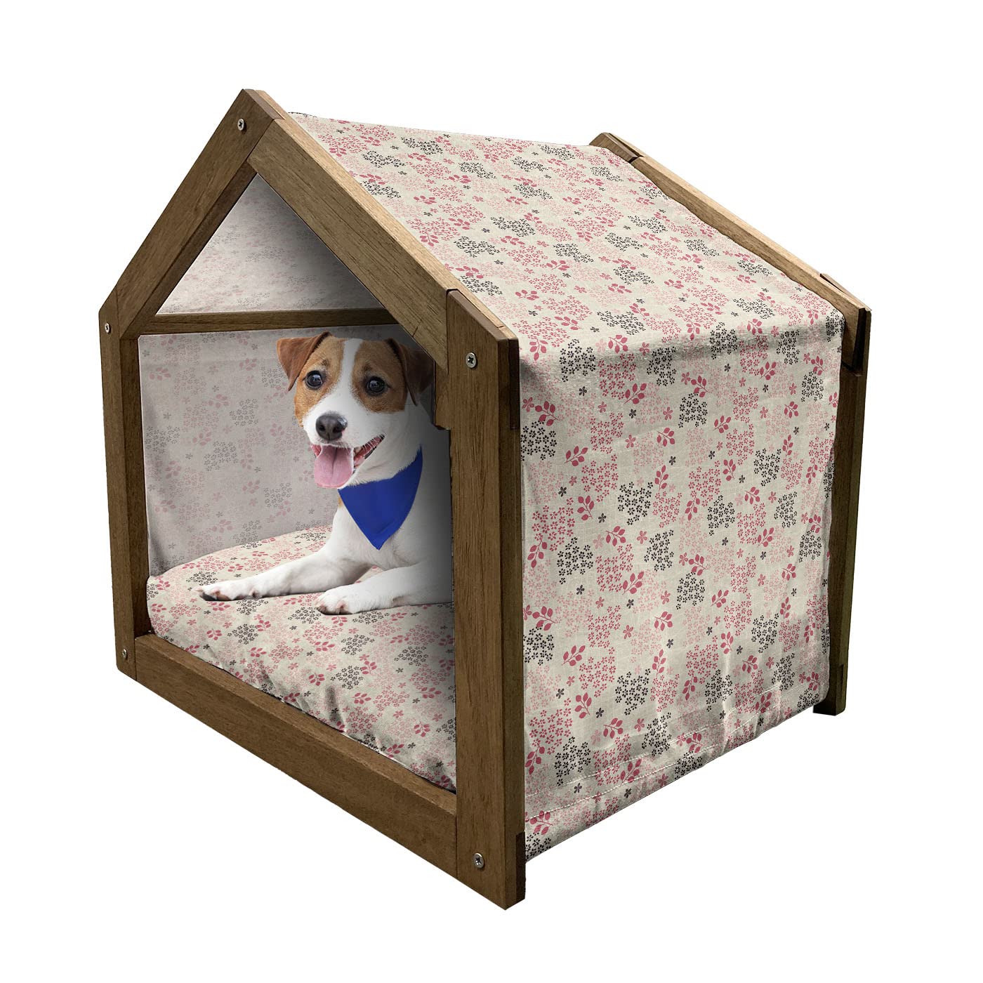 Ambesonne Vintage Wooden Dog House - Portable Indoor & Outdoor Pet Kennel with Pillow & Cover, Small Size in Pink Beige Purple - Abstract Floral Retro Design for Cozy Pet Napping & Backyard Relaxation