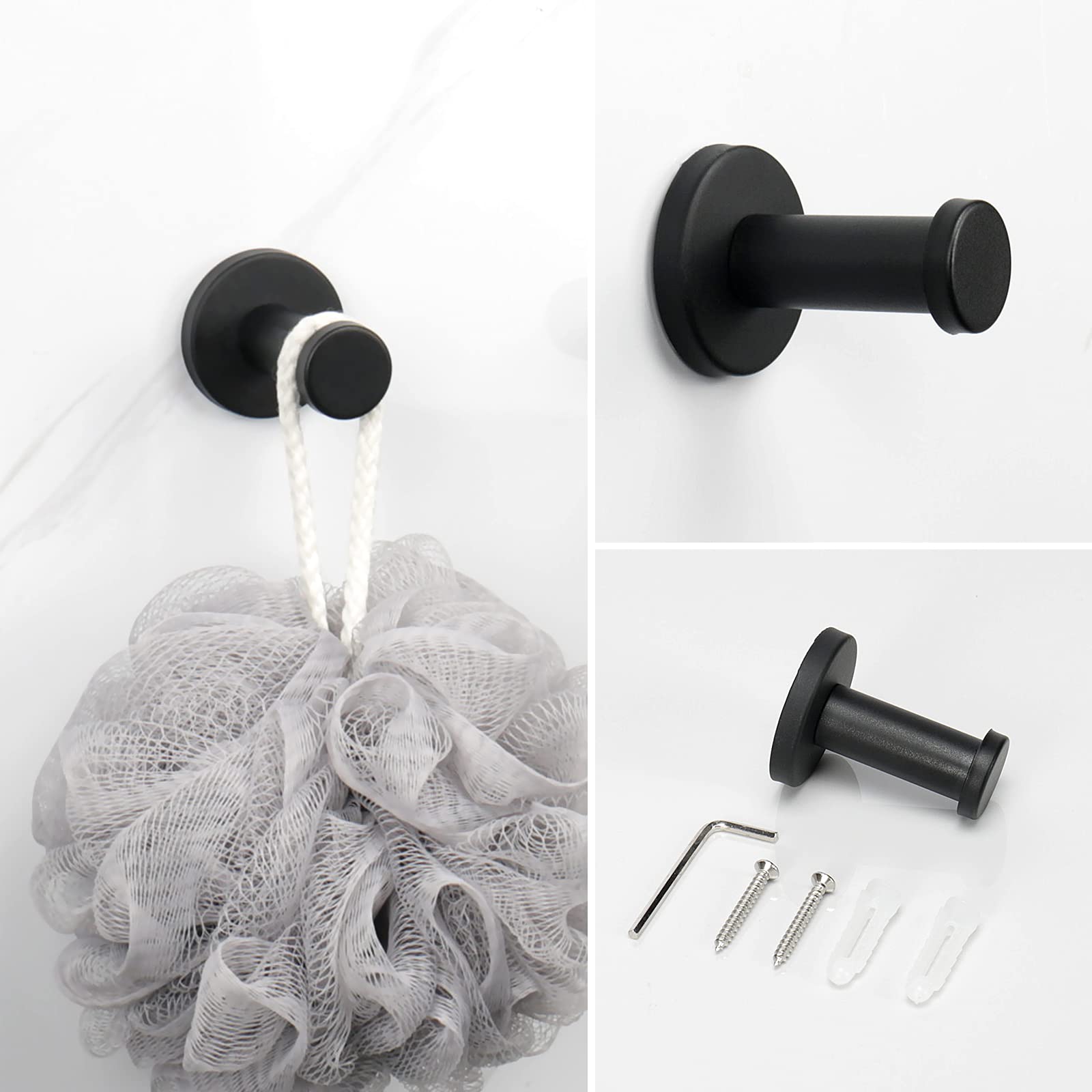 NearMoon 4-Piece Matte Black Stainless Steel Bathroom Hardware Set - Includes Towel Ring, Toilet Paper Holder & 2 Robe Hooks - Wall Mounted Bath Accessories for Modern Home Decor (Perfect for Bathroom, Powder Room & Spa Style Vanity)