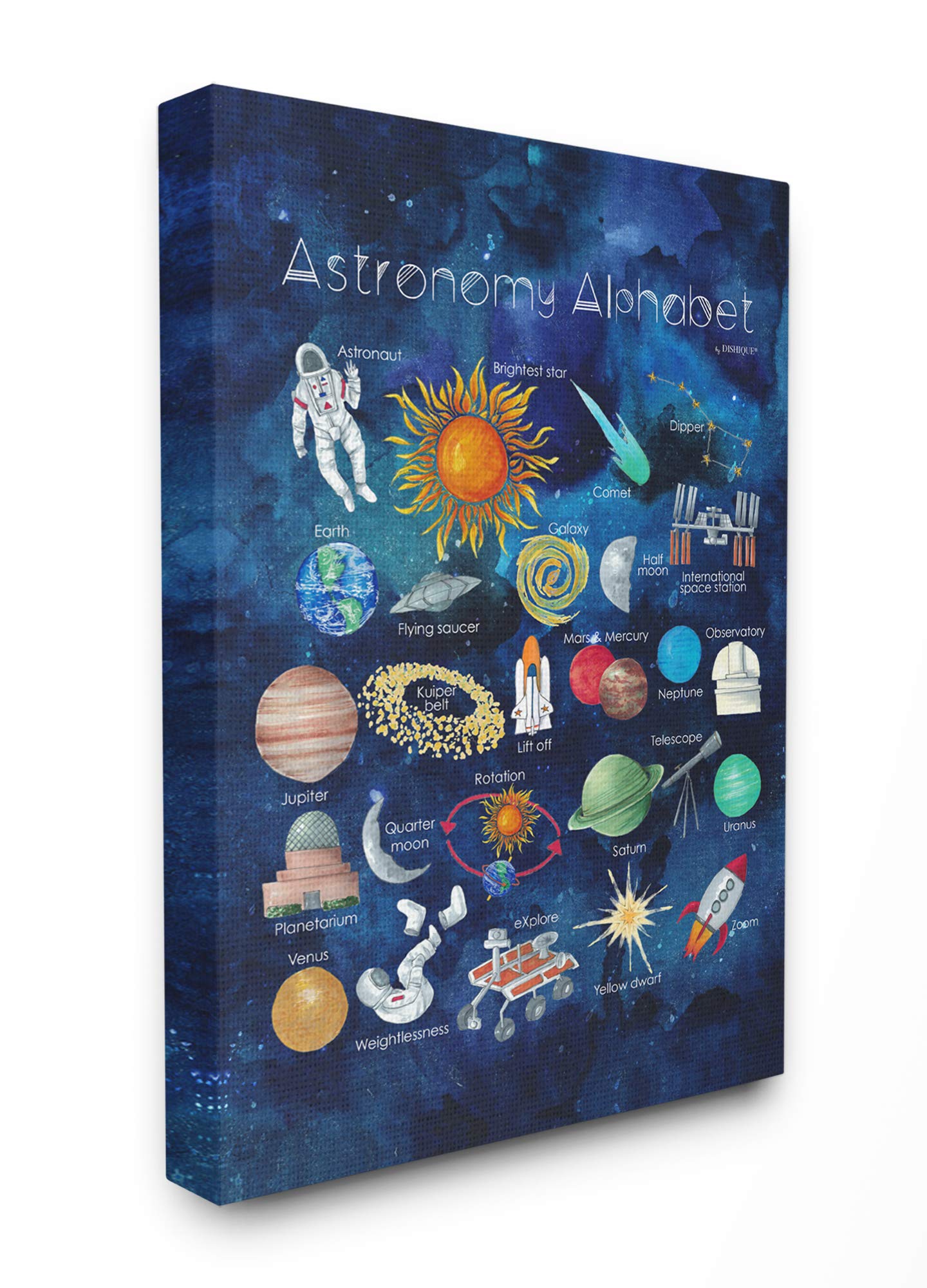 Stupell Kids Room Decor - Watercolor Blue Space Alphabet with Astronaut & Planets Stretched Canvas Wall Art, 11x14, Multi-Color - Perfect for Nursery, Bedroom & Classroom Space Theme Decor