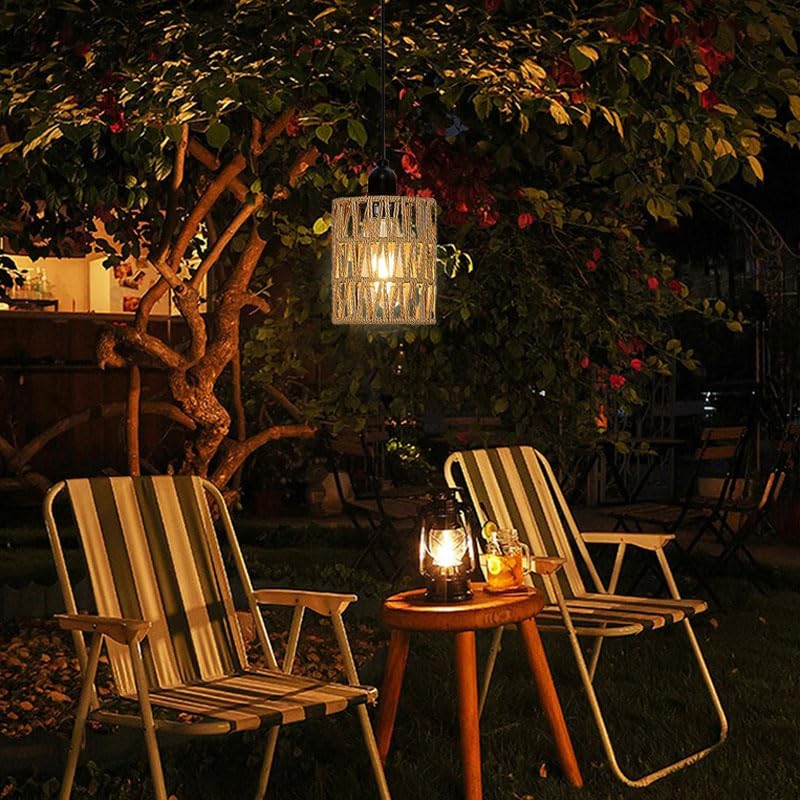 3 Pack Outdoor Chandelier Pendant Lights - Battery Operated Boho Hanging Lamps with LED Bulbs, Handmade Bamboo Rattan Lanterns for Gazebo, Porch, Patio, Backyard Decor - Perfect for Romantic Dinners, Garden Parties & Outdoor Weddings