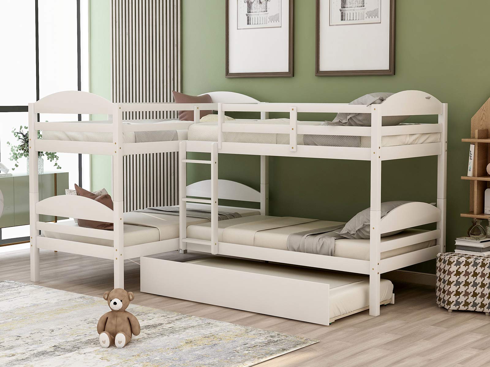 P PURLOVE Twin Bunk Bed L-Shaped Bunk Bed Frame with Twin Trundle Bed - No Box Spring Needed - Sturdy Metal Frame - Space Saving Kids Bedroom Furniture - Perfect for Small Rooms, Guest Rooms & Vacation Homes (White)