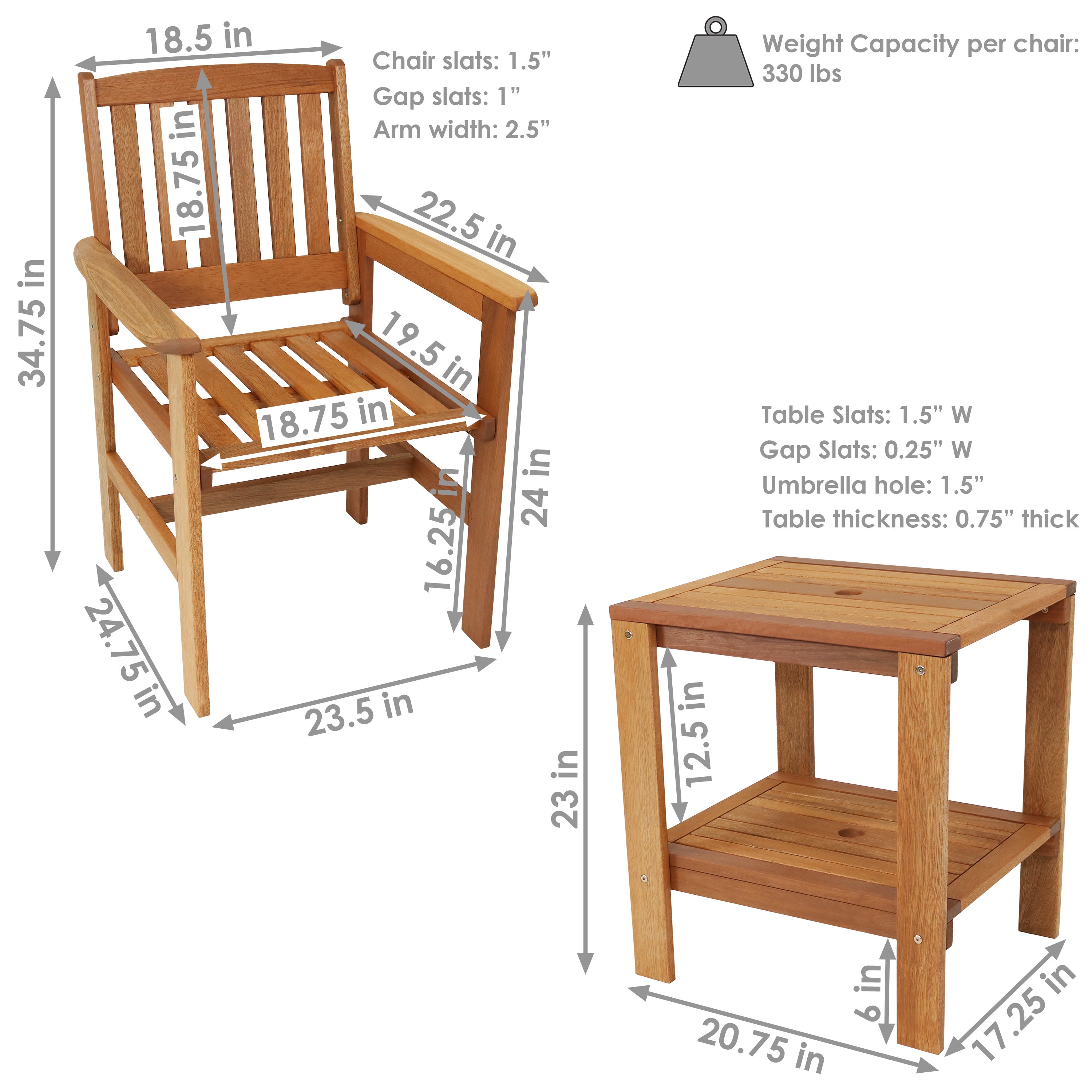 Sunnydaze Meranti Wood 3-Piece Outdoor Patio Conversation Set - Durable Garden Furniture for Backyard, Deck, or Poolside Relaxation