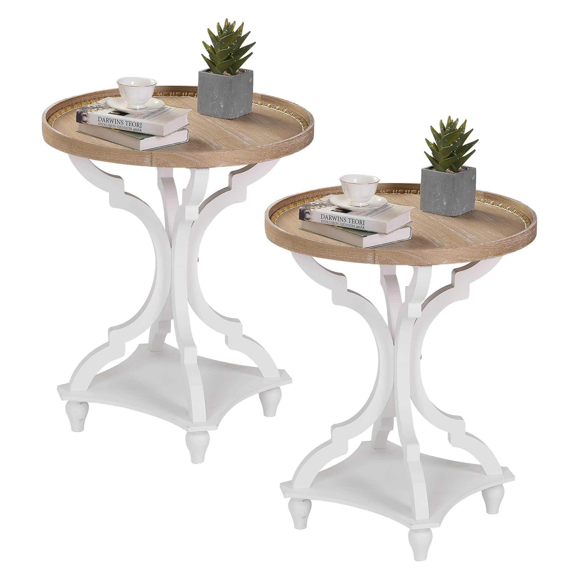Wnutrees Farmhouse Round Accent End Table Set of 2 - Rustic Wood Side Table & Nightstand with Tray Top, Handcrafted White Finish - Perfect for Living Room, Bedroom & Cozy Home Decor