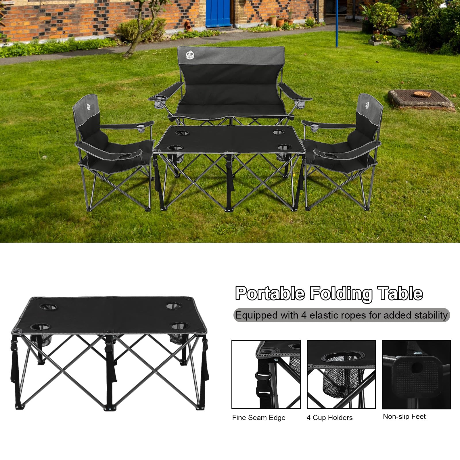 Northroad 4-Piece Outdoor Folding Camping Chair Set with Padded Seats - Includes 1 Loveseat, 2 Single Chairs & Portable Table - Compact Collapsible Design with Carry Bag - Perfect for Patio, Backyard, Beach, Picnics & Outdoor Gatherings (Black)