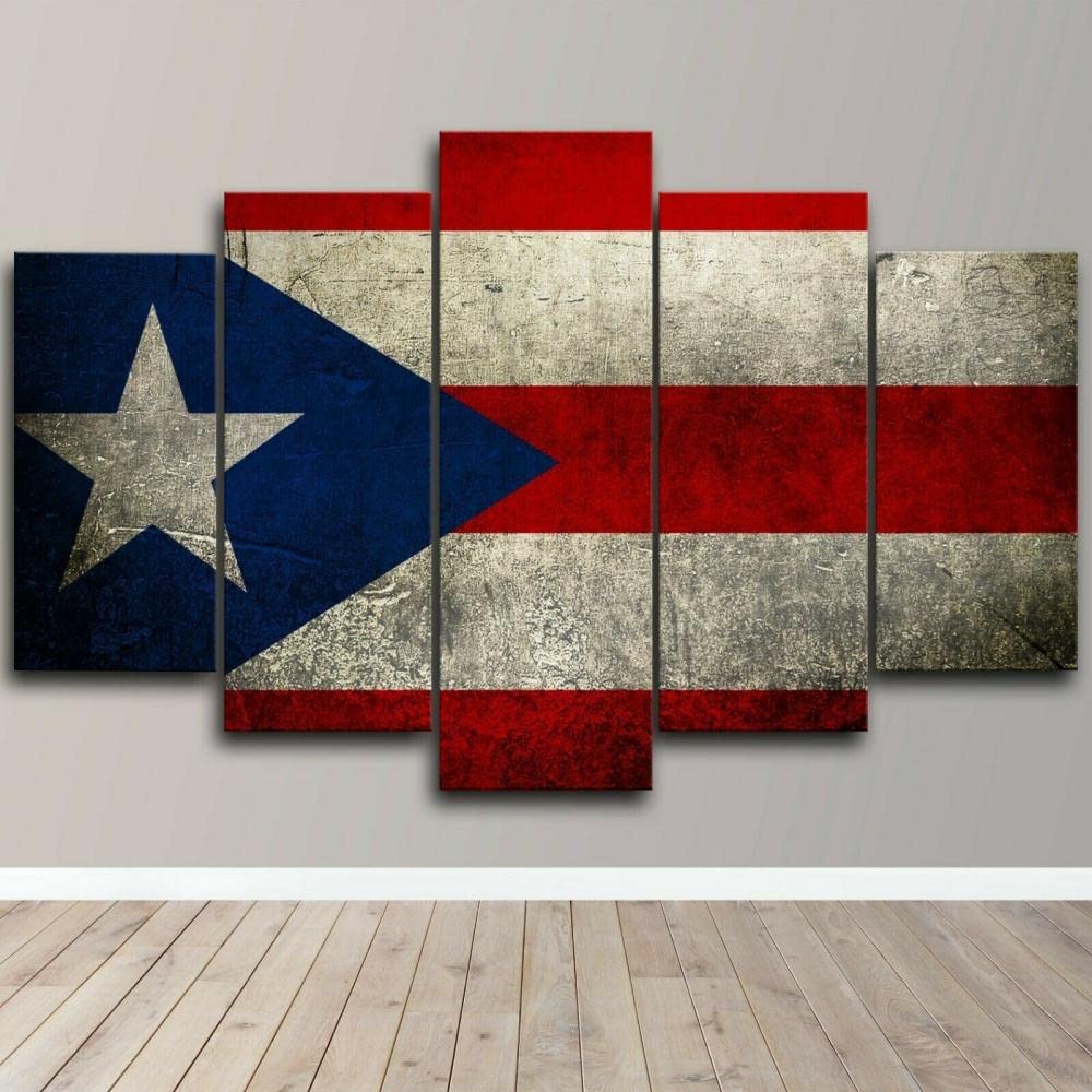 5 Panels Canvas Wall Art - Puerto Rico & Dominican Republic Flags Poster Print, Home Decor Painting Pictures Unframed (60x32 Inches) - Perfect for Living Room, Bedroom, or Office Wall Decor