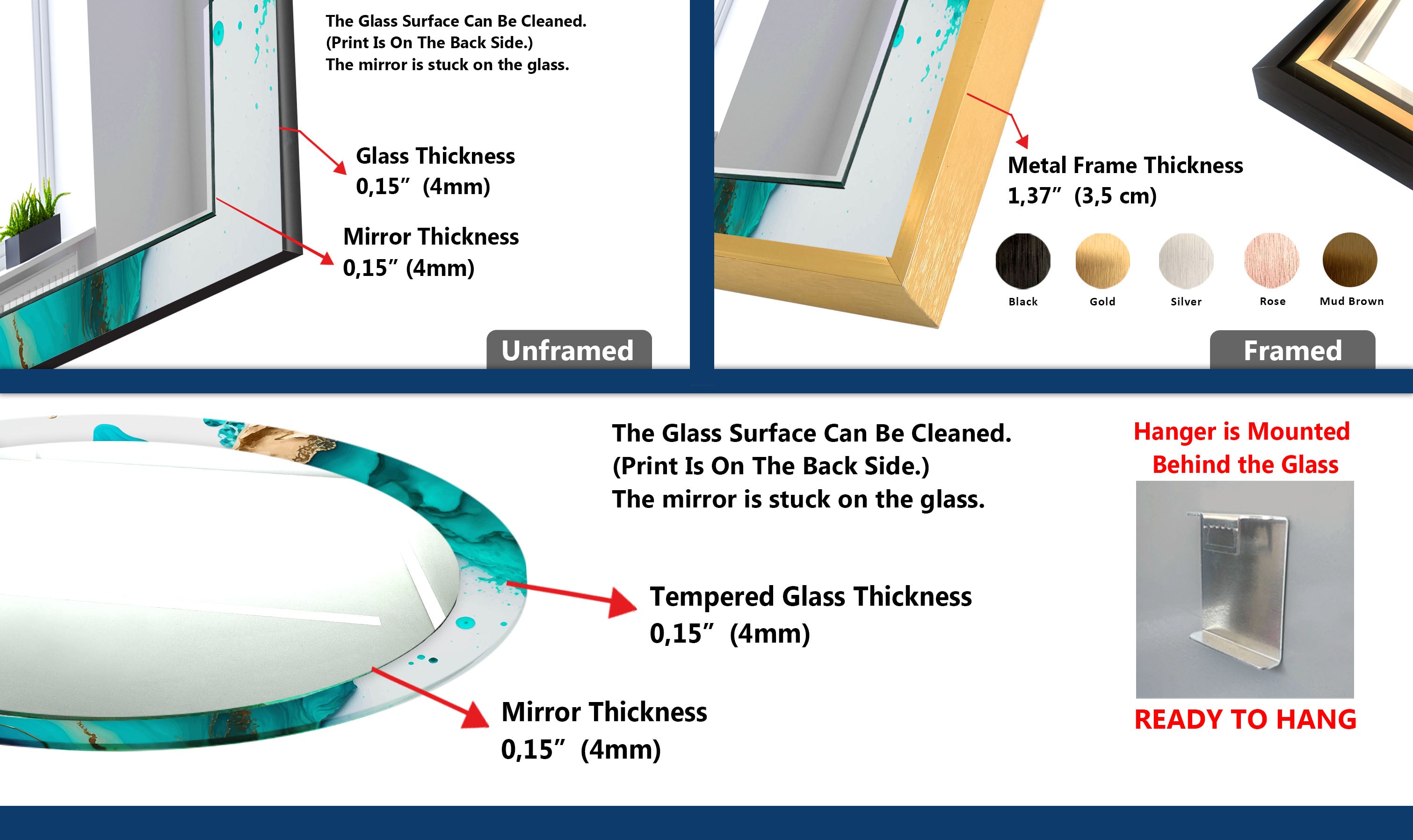 Aqua Marble Glass Wall Mirror with Turquoise Abstract Frame - Elegant Bathroom & Bedroom Decor for Modern Homes