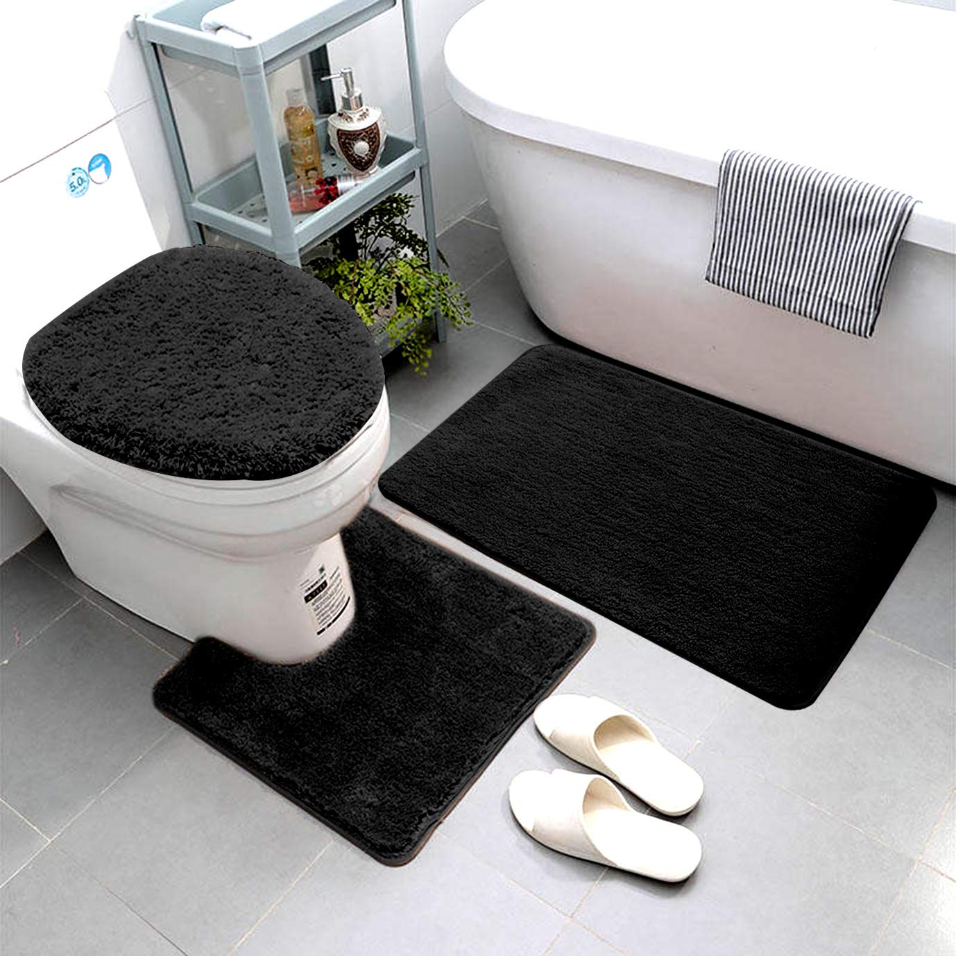 Premium 3-Piece Bathroom Rug Set - Soft Microfiber Bath Mat, Contour Rug & Toilet Cover - Non-Slip Rubber Backing, Machine Washable - Luxury Black Bathroom Decor for Home & Hotel Use