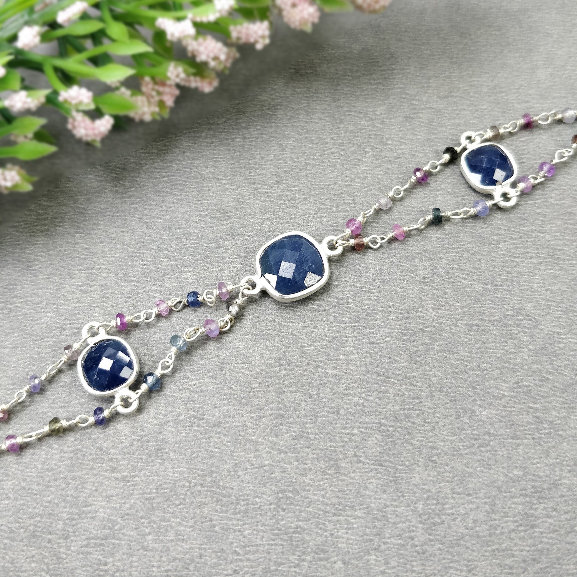925 Sterling Silver Bracelet with 4.60gm Natural Blue Sapphire Gemstone - Cushion Checker Cut Briolette Bezel Set Chain Bracelet (7.5 Inches) | Elegant Jewelry Gift for Women, Perfect for Weddings, Anniversaries & Special Occasions