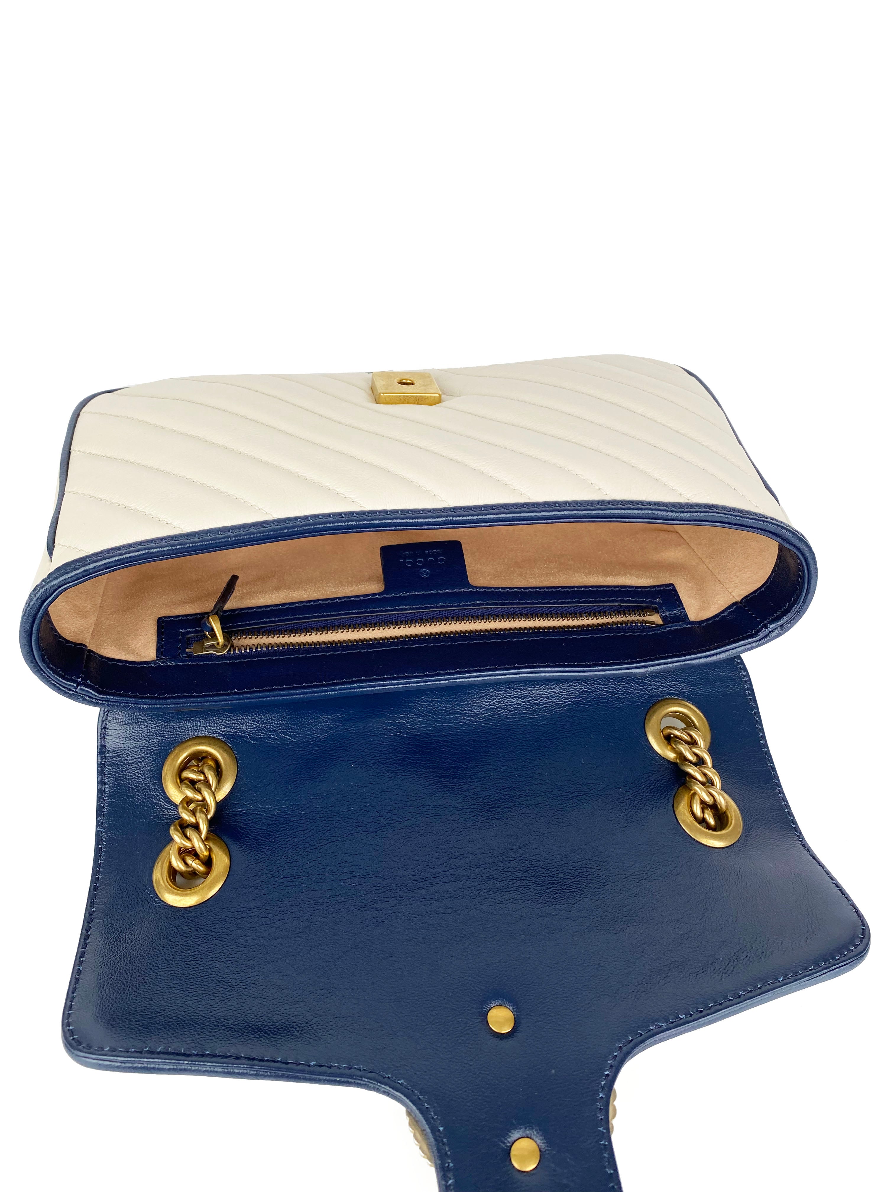 Gucci GG Marmont Torchon Shoulder Bag in White & Blue | Luxury Designer Handbag for Women | Perfect for Date Night, Office & Special Occasions