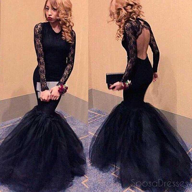 Elegant Black Long Sleeve Mermaid Prom Dress with Lace Backless Design - Custom Evening Gown for Formal Parties, Homecoming & Special Occasions | Style 17038