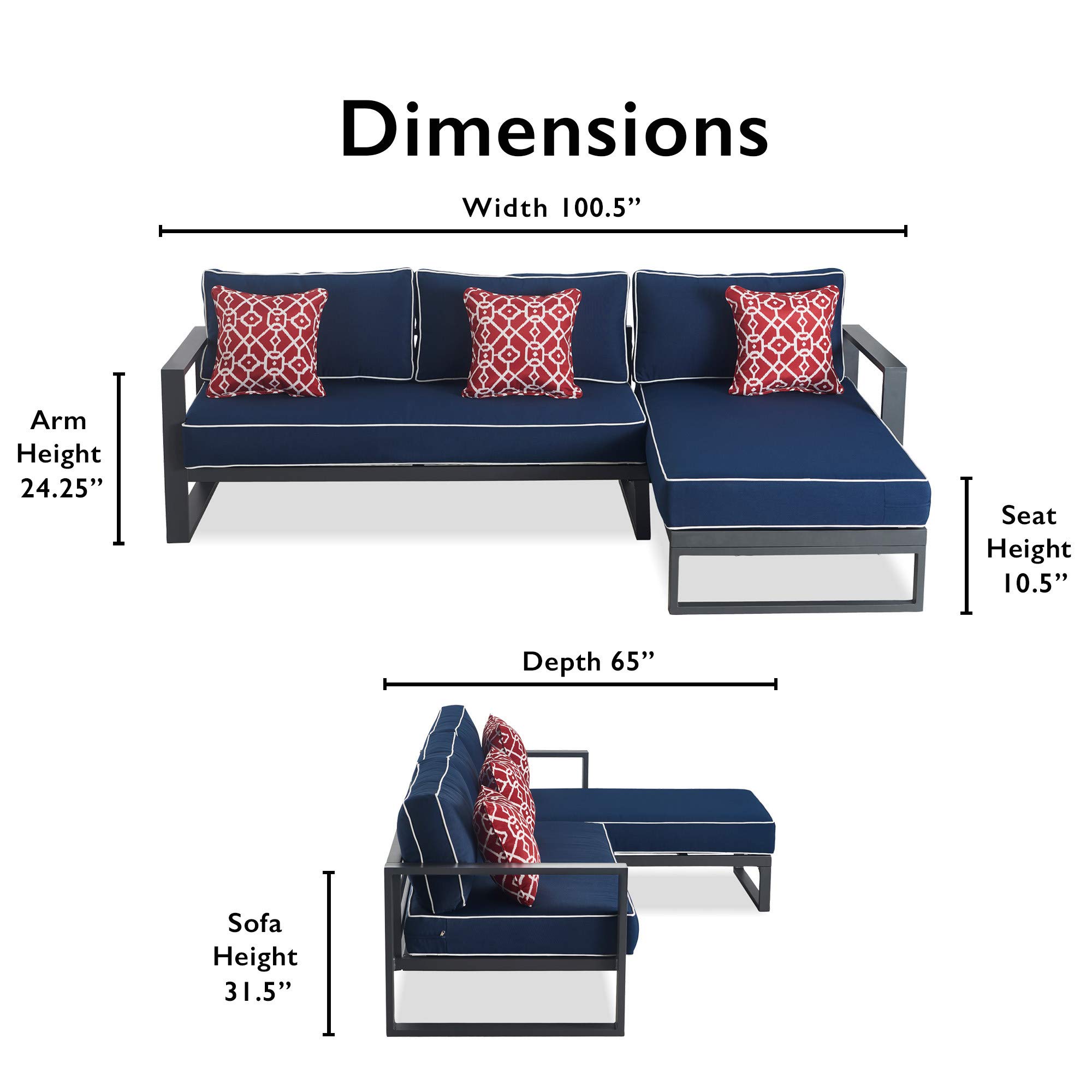 Tommy Hilfiger Monterey Modern Patio Outdoor Furniture Set - Weather-Resistant Metal Frame Sectional Sofa in Navy Blue & Dark Gray - Easy Assembly for Backyard, Garden, Poolside & Deck Relaxation