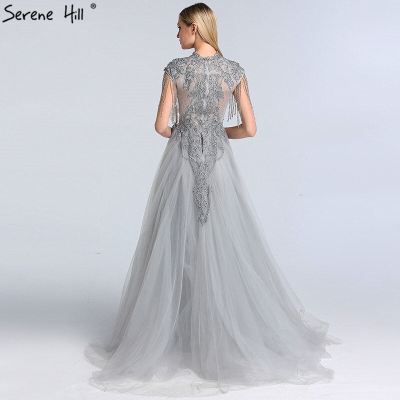 Elegant Grey Luxury Mermaid Evening Gown with Train & Cap Sleeves Beading for Women - Perfect for Prom, Gala & Formal Parties 2025