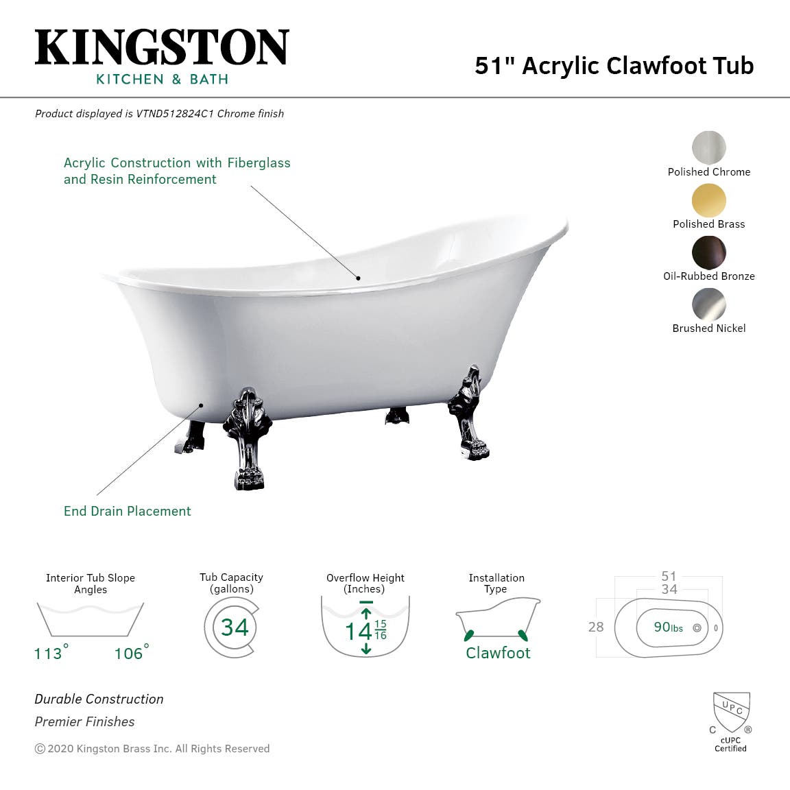 51 Inch Acrylic Freestanding Clawfoot Bathtub - No Faucet Drillings - Vintage Style Soaking Tub for Spa-Like Relaxation in Bathroom or Master Suite