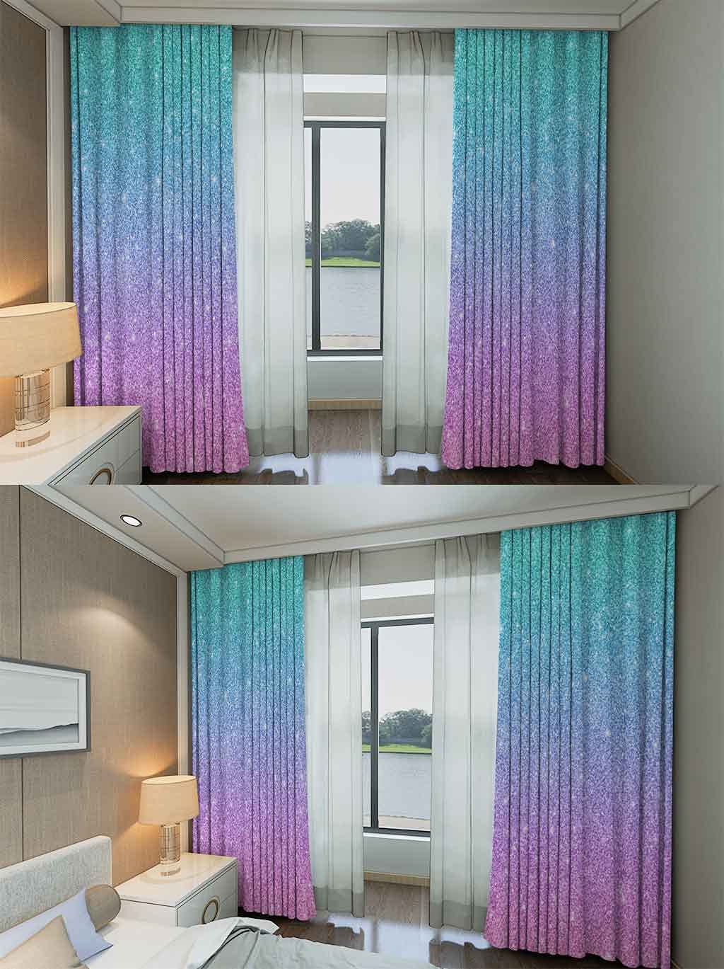 Feelyou Teal Pink Glitter Curtains for Girls Bedroom - Rod Pocket Sparkle Mermaid Drapes, Turquoise Pastel Window Treatment, 52W x 96L Inches, 2 Panels (No Glitter) - Perfect for Kids Room Decor, Nursery, Princess Themed Bedroom & Playroom