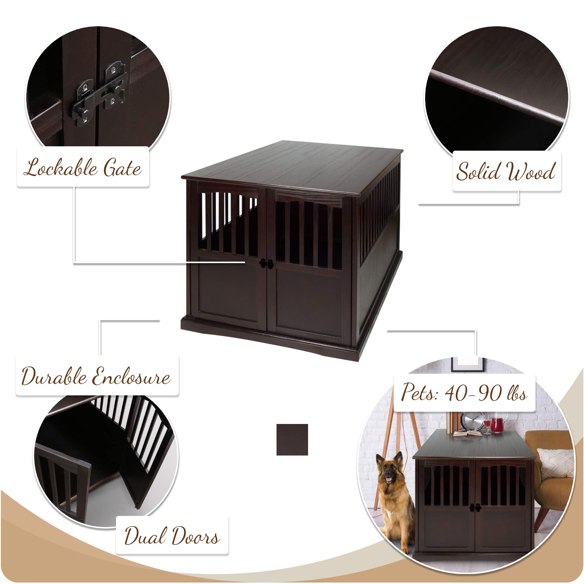 Extra Large Wooden Pet Crate & End Table in Espresso Finish - Stylish Furniture for Dogs & Cats - Perfect for Living Room, Bedroom or Office Decor