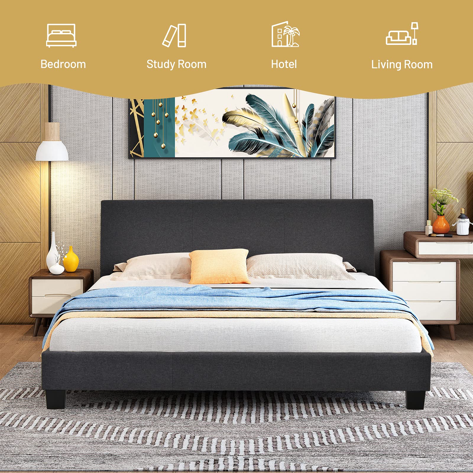 Giantex Full Size Upholstered Platform Bed Frame with Headboard - Heavy Duty Wooden Slat Support, No Box Spring Needed - Easy Assembly Bedroom Furniture for Master Bed, Guest Room & Dorm