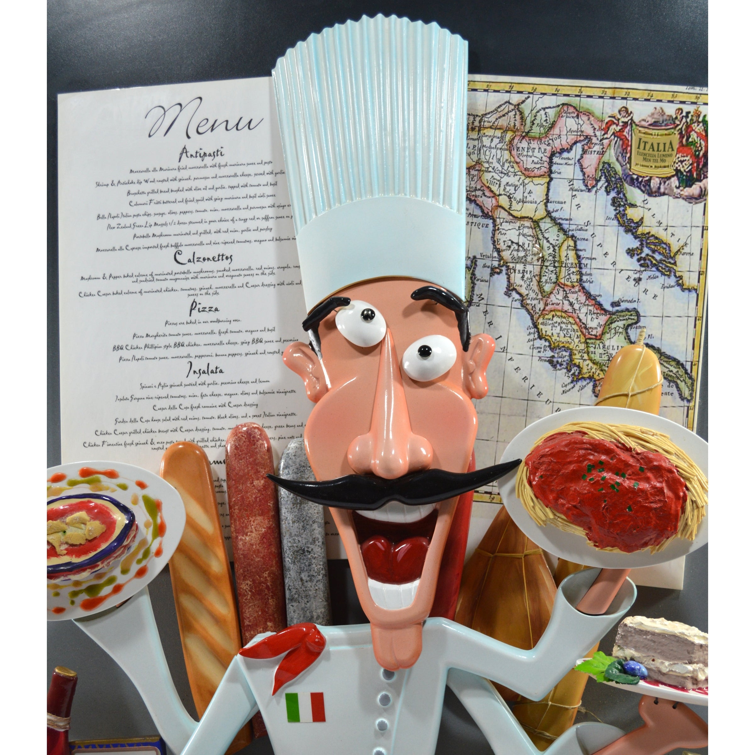 Original 3D Wall Sculpture Italian Chef by Roark Gourley - Handcrafted Restaurant Decor for Kitchen, Dining Room & Cafe Wall Art