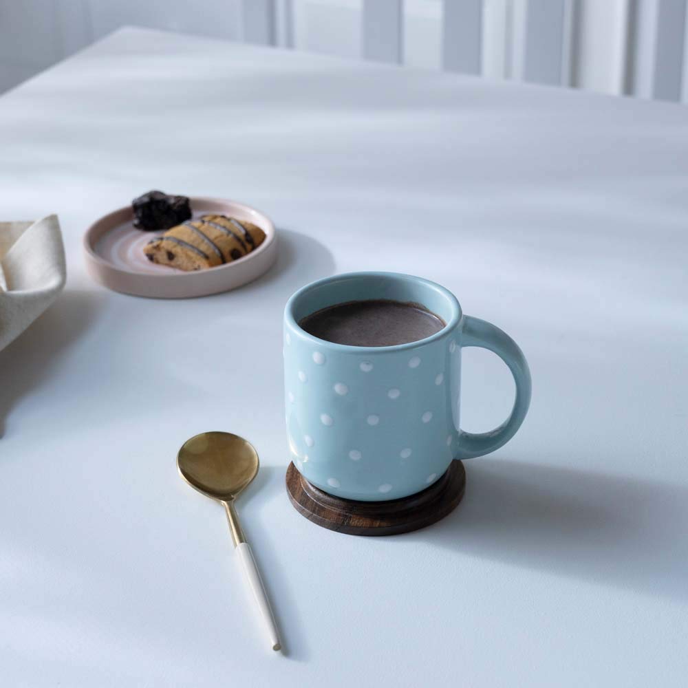 Ellementry 250ml Ceramic Coffee Mug with Wooden Lid - Stylish Polka Dot Design for Tea, Milk & Hot Drinks, Dishwasher Safe - Perfect for Office, Home & Birthday Gifts (Great for Morning Coffee, Afternoon Tea & Cozy Home Use)