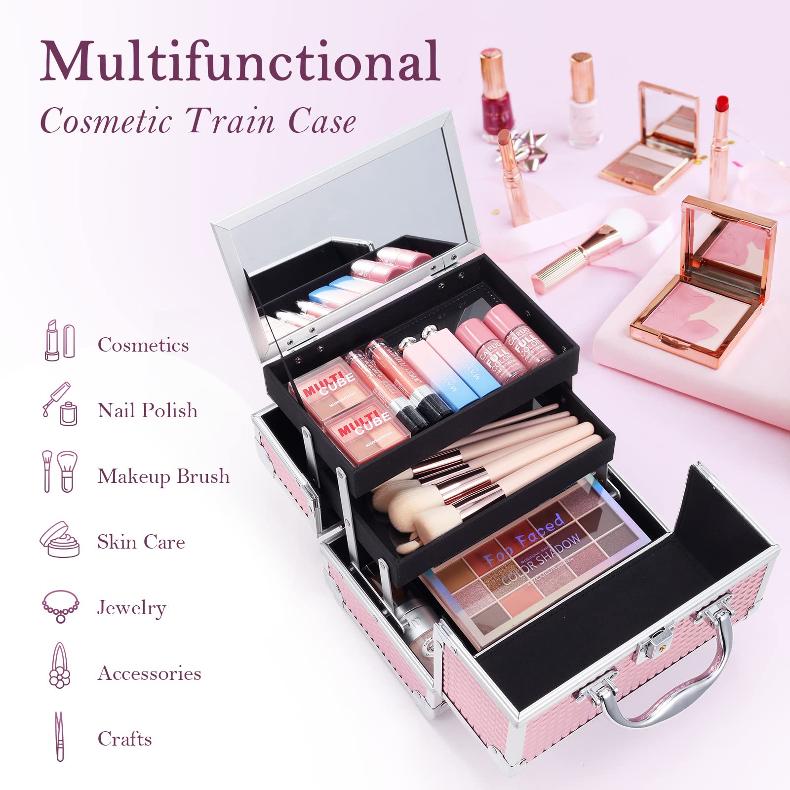 FRENESSA Professional Makeup Train Case - Large Cosmetic Organizer with 2 Removable Trays, Lockable Mirror & Glitter Pink Design | Perfect for Travel, Salon, or Home Beauty Storage