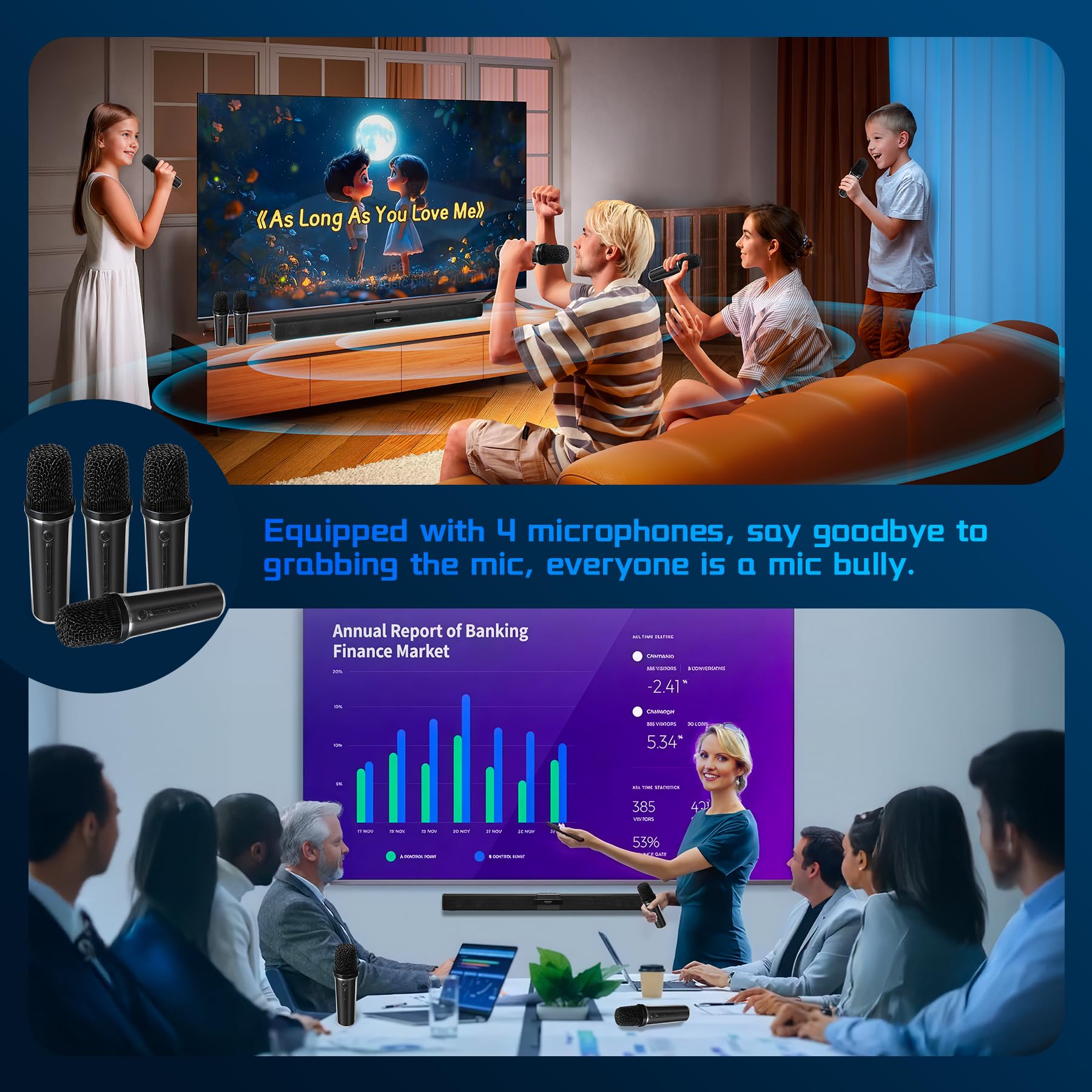 Premium Bluetooth Soundbar for Smart TV with 4 Wireless Mics - AUX/USB/TF/Coaxial Inputs, Surround Sound System (Black) - Perfect for Home Theater, Gaming & Movie Nights