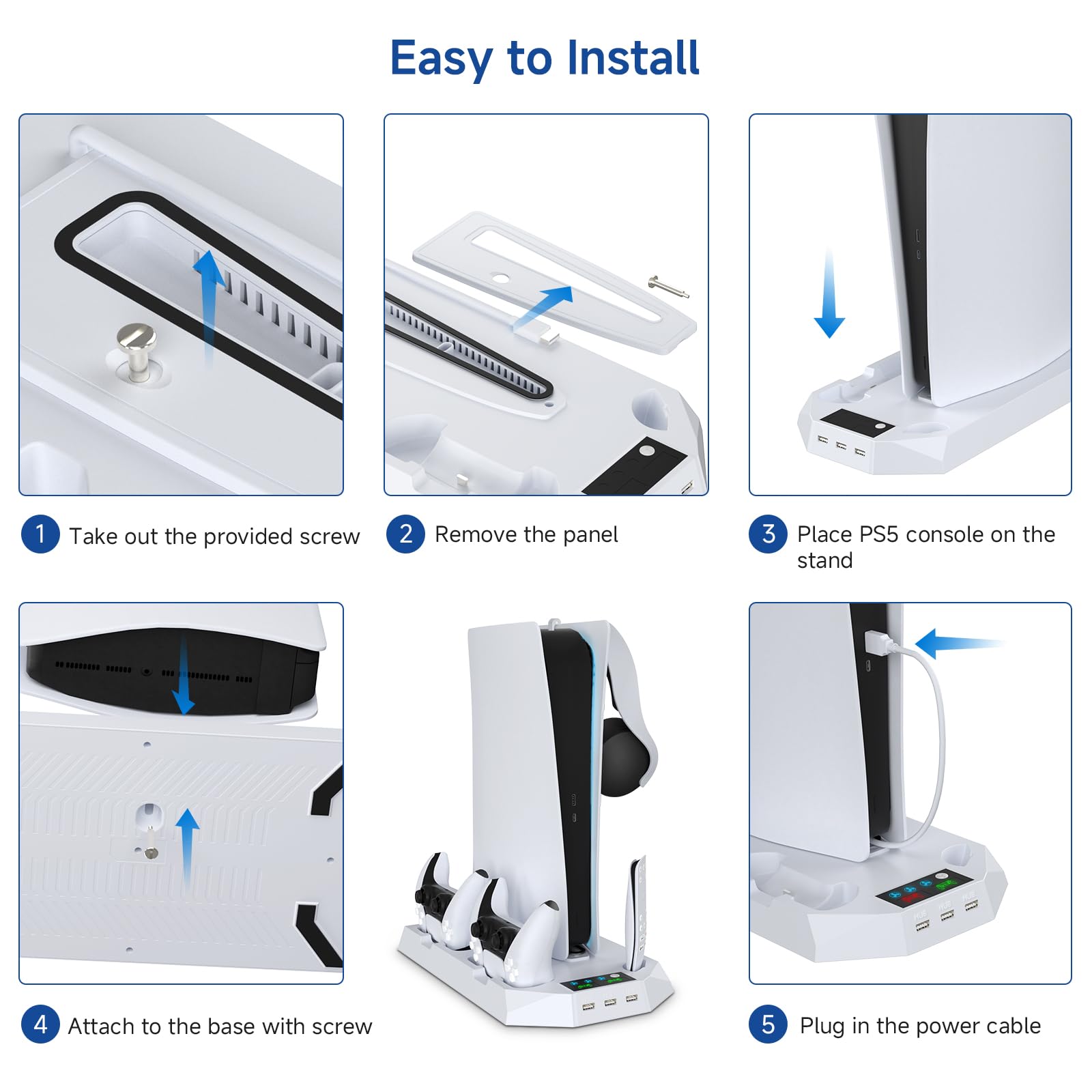 PS5 Cooling Stand with Turbo Fan & Dual Charging Station - Vertical Stand for PS5 Pro/Slim & Digital/Disc Edition - Includes Headset Holder - Perfect for Gaming Sessions & Console Protection (White)