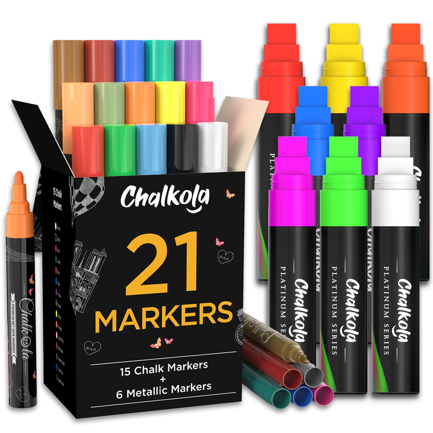 Vibrant Neon Chalk Markers Set - 21 Pack with 15mm Bold Tips for Whiteboards, Glass, Chalkboards & DIY Crafts - Perfect for Teachers, Restaurants, and Creative Projects