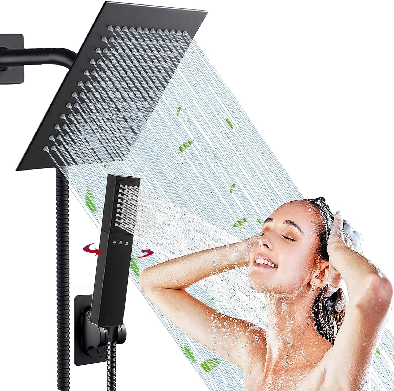8'' High Pressure Rainfall Shower Head with 4 Settings - Square Handheld Shower Combo Includes 60'' Hose & Holder (Black) - Perfect for Spa-Like Bathroom Upgrades & Water Saving