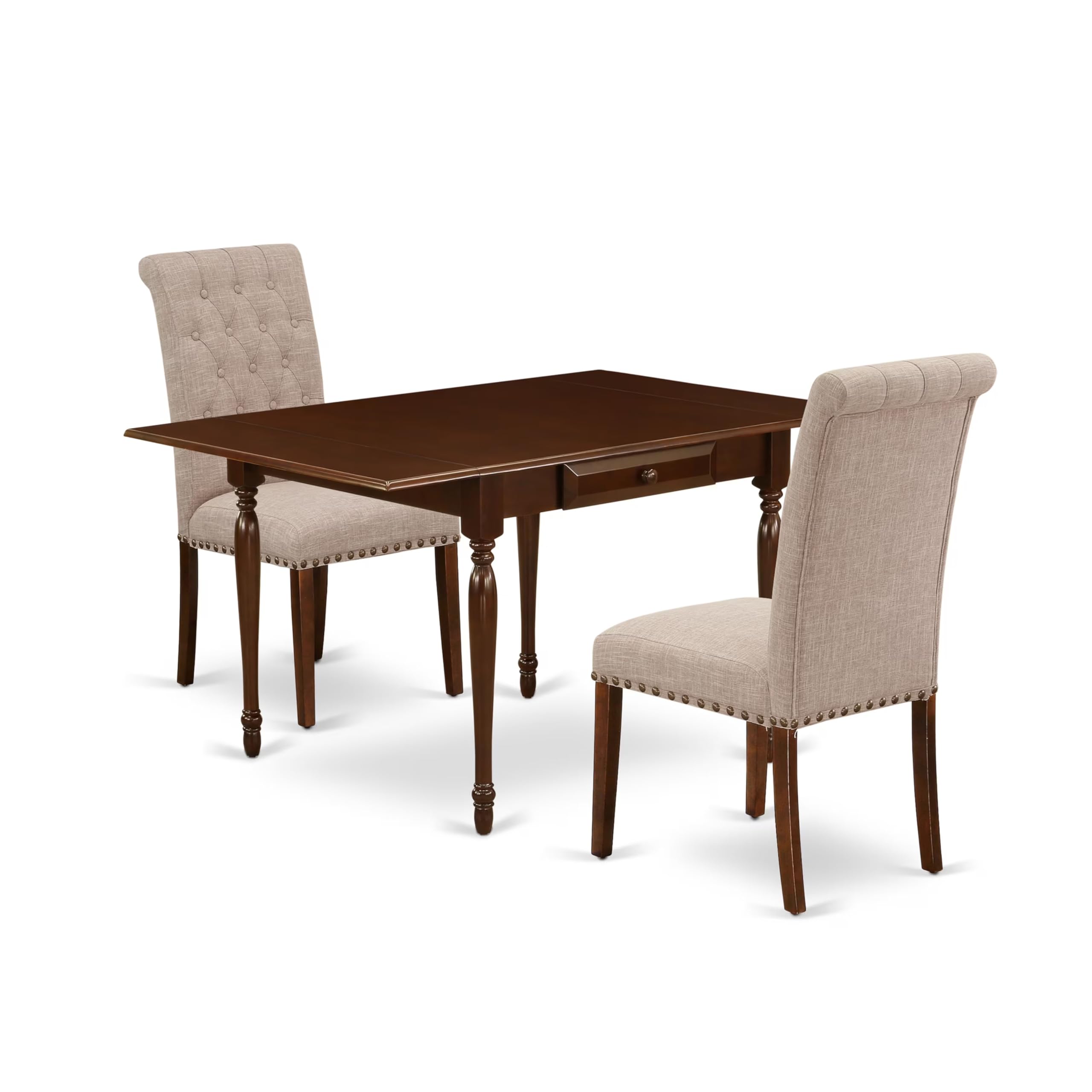East West Furniture MZBR3-MAH-04 3-Piece Small Space Dining Set with Drop-Leaf Table & 2 Linen Fabric Chairs, 36x54 Inch, Mahogany - Perfect for Apartments, Breakfast Nooks & Cozy Kitchens