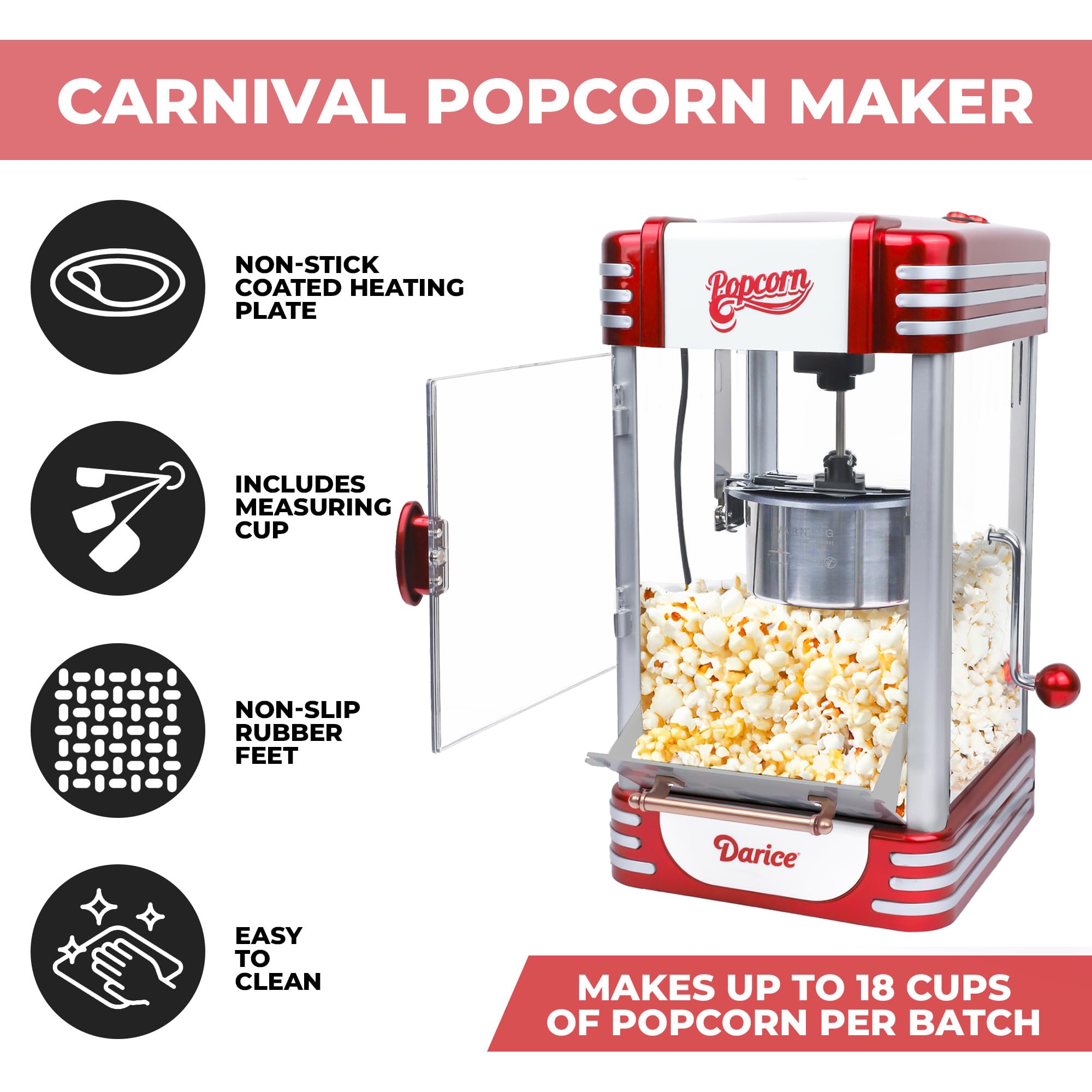 **Darice Retro Popcorn Machine with Measuring Cups – Non-Slip Popcorn Popper for Home, Parties & Events – Non-Stick Kettle Plate – Perfect for Movie Nights, Carnivals & Festivals**