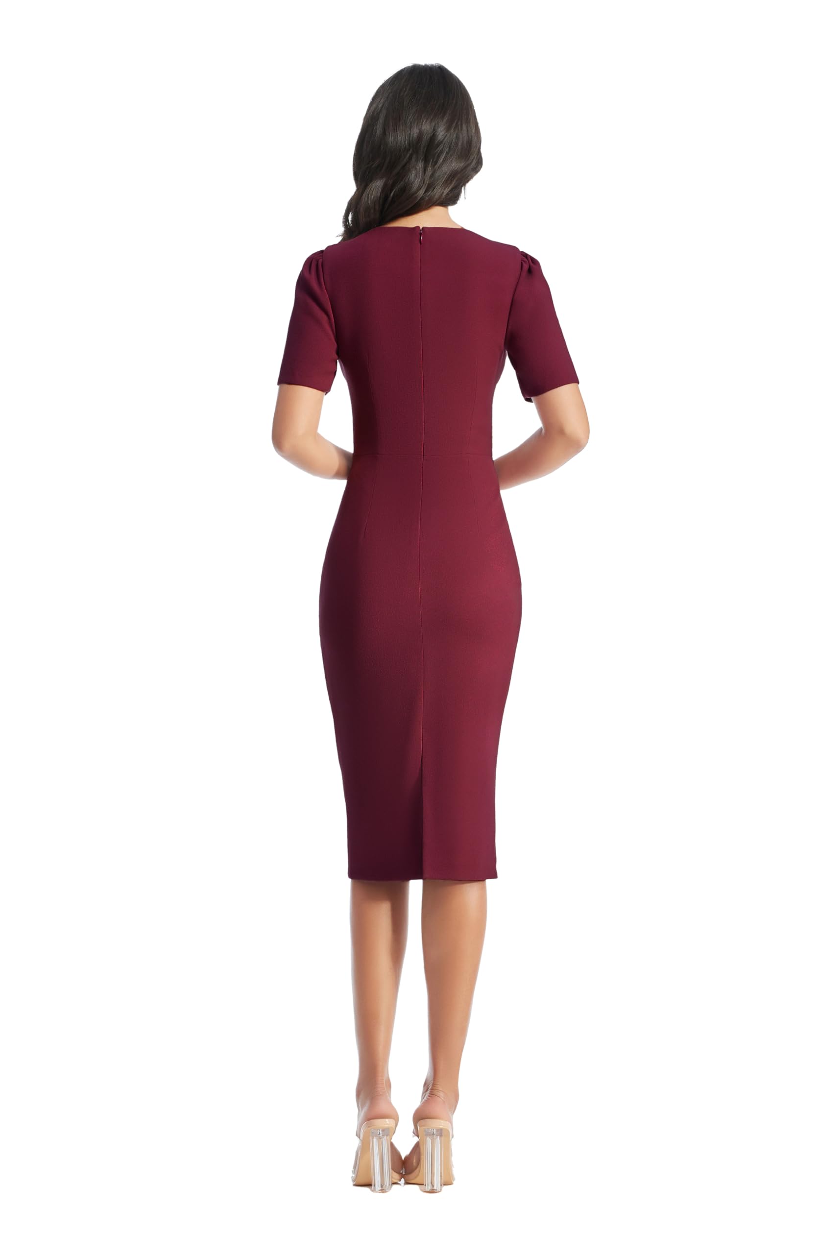 Dress the Population Women's Ruth Short Puff Sleeves Asymmetrical Neckline Bodycon Midi Dress - Elegant Cocktail Party & Date Night Outfit