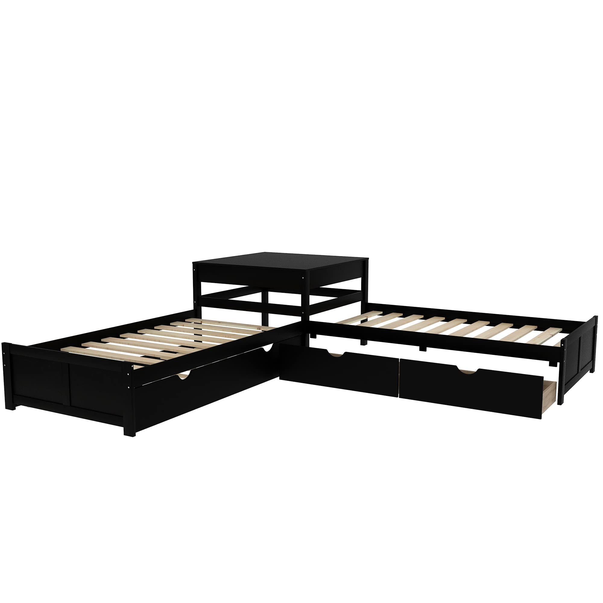 SOFTSEA L-Shaped Corner Beds with Trundle & Storage Drawers - Low Profile Wooden Platform Bed Frame with Built-in Nightstand | Space-Saving Solution for Small Bedrooms & Kids' Rooms