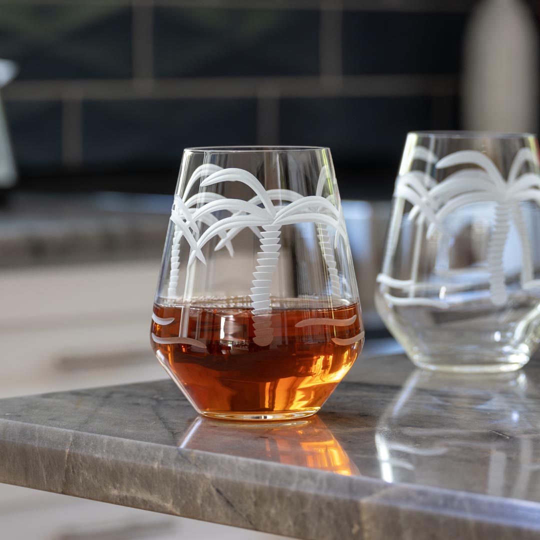 18oz Stemless Wine Tumbler Glass with Palm Tree Design - Set of 12 | Perfect for Beach Parties, Poolside Drinks & Summer Entertaining
