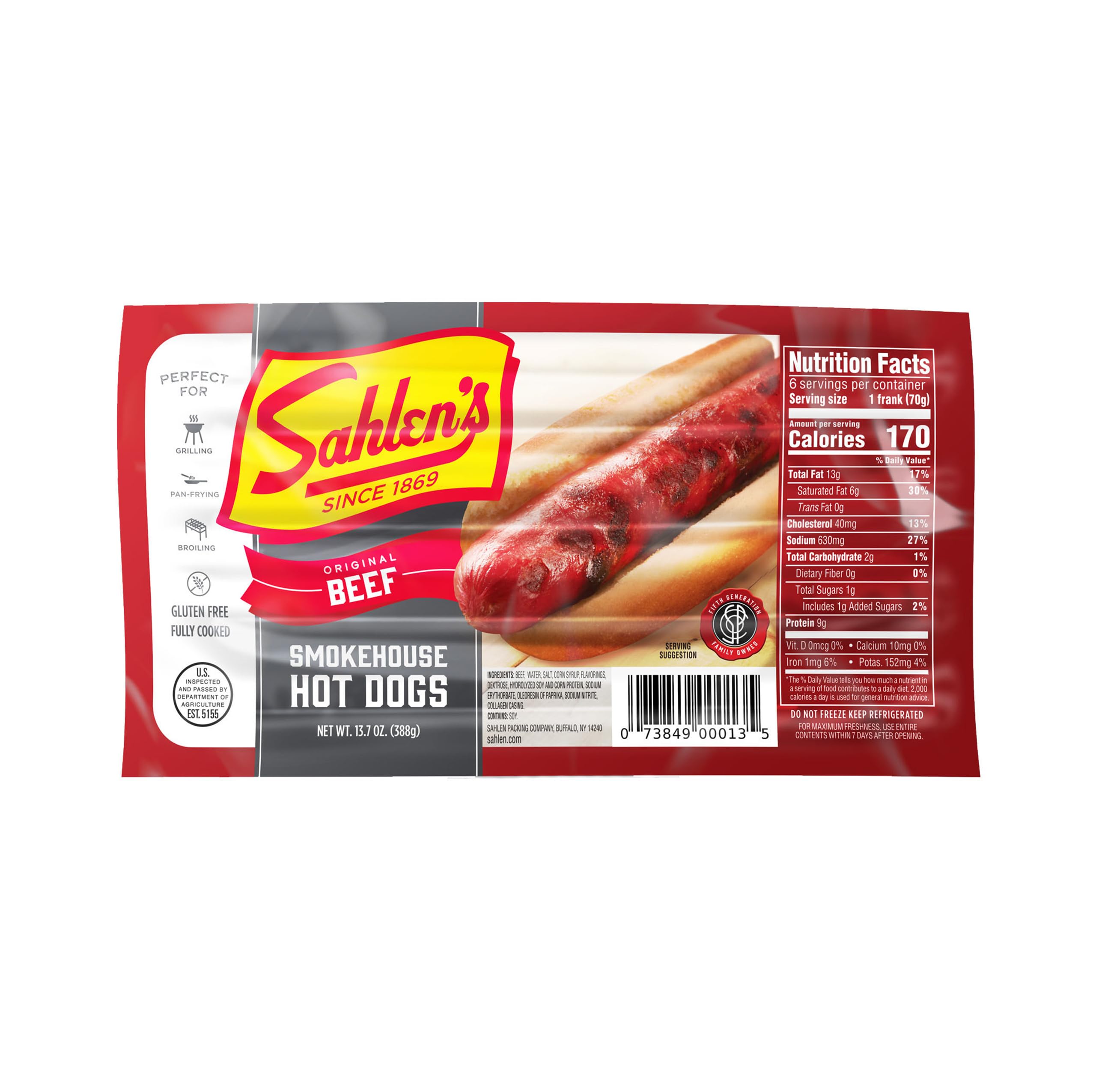Sahlen's Original Smokehouse All Beef Hot Dogs with Tender Casing | Fully Cooked, Gluten Free | Perfect for Grilling, Pan-Frying, BBQs & Camping | 5lb Bulk Pack for Family Gatherings & Outdoor Parties