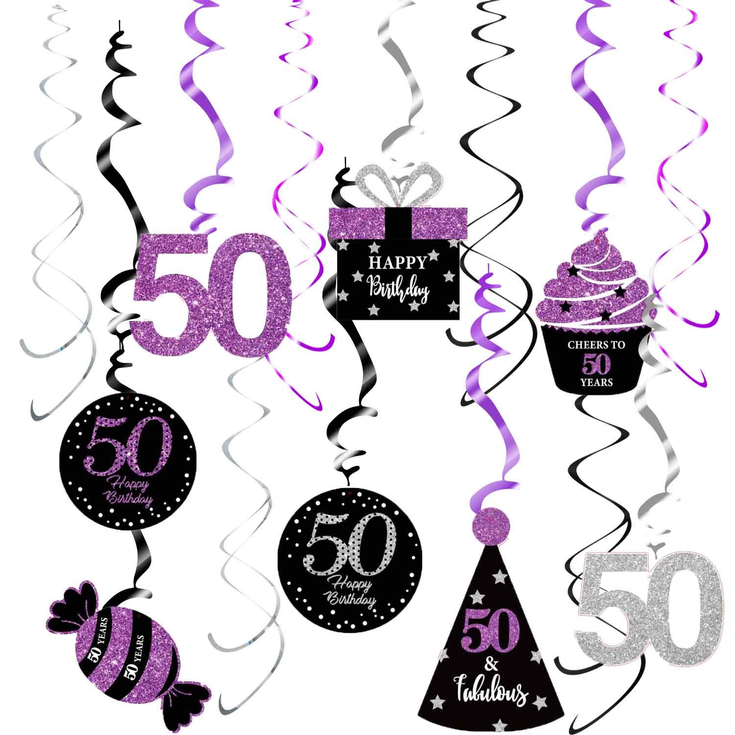 50th Birthday Party Decorations for Women - Purple, Silver & Black Foil Hanging Swirls | Elegant Women's 50th Birthday Party Supplies | Perfect for Milestone Celebrations, Photo Backdrops & Venue Decorations