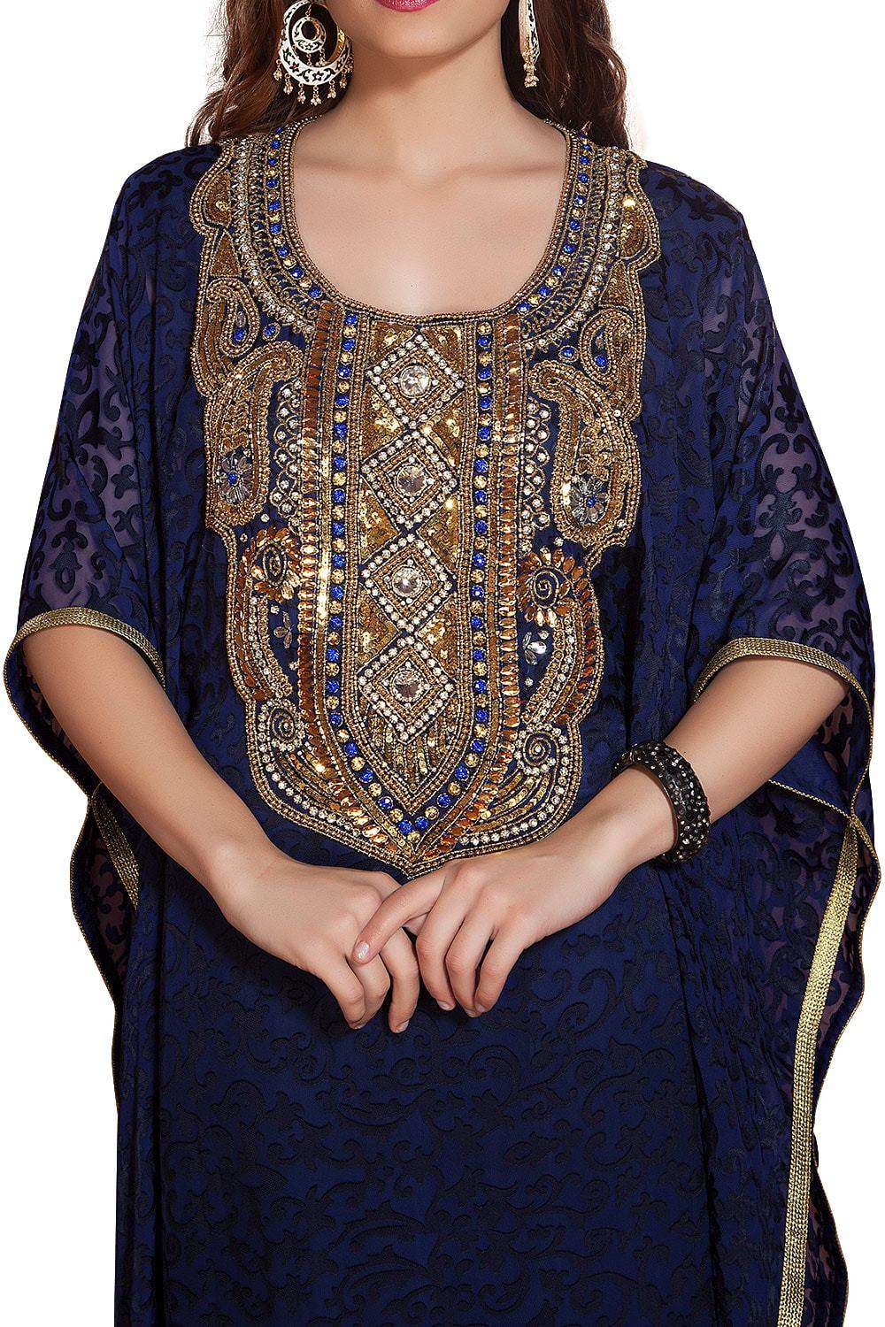 Elegant Dark Blue Modern Hand-Beaded Jalabiya Dress for Women - Perfect for Eid, Weddings & Special Occasions