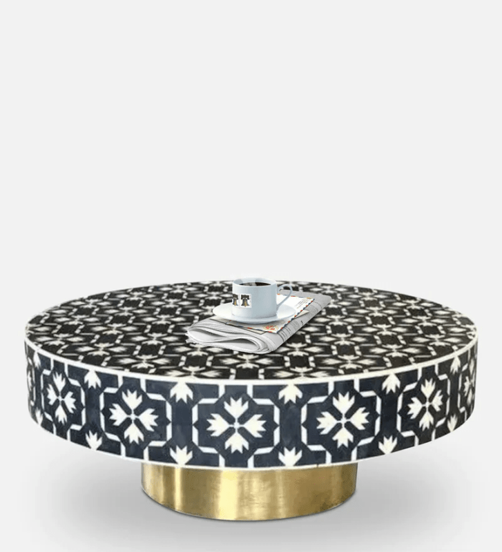 Handmade Bone Inlay Round Coffee Table with Brass Base - Black Boho Style Living Room Furniture | Perfect for Living Rooms, Lounge Areas & Conversation Spaces