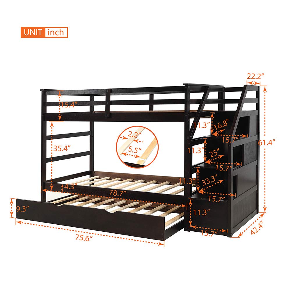 Premium Twin Over Twin Bunk Bed Frame with Trundle & Storage Stairs - Solid Wood Construction, Slat Support & Safety Guard Rail - No Box Spring Needed - Easy Assembly - Espresso Finish - Perfect for Kids' Bedrooms, Guest Rooms & Space-Saving Solutions