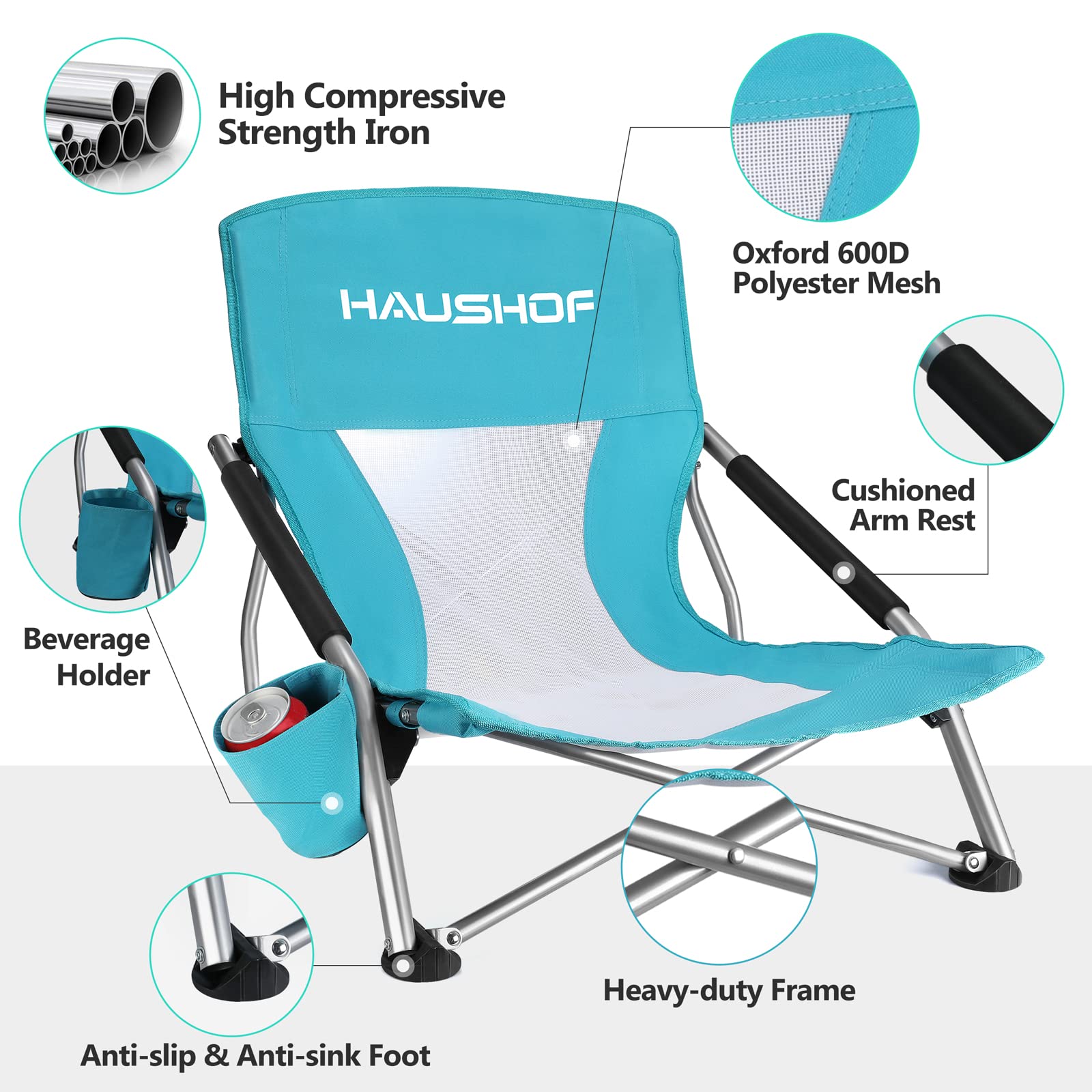 HAUSHOF High Back & Low Beach Chairs Set - Lightweight Folding Camping Chairs with Mesh Back, Cup Holder & Carry Bag - Comfortable Padded Armrests for Outdoor, Beach, Lawn, Camping, Picnics & Festivals | Perfect for Summer Relaxation & Backyard Gatherings