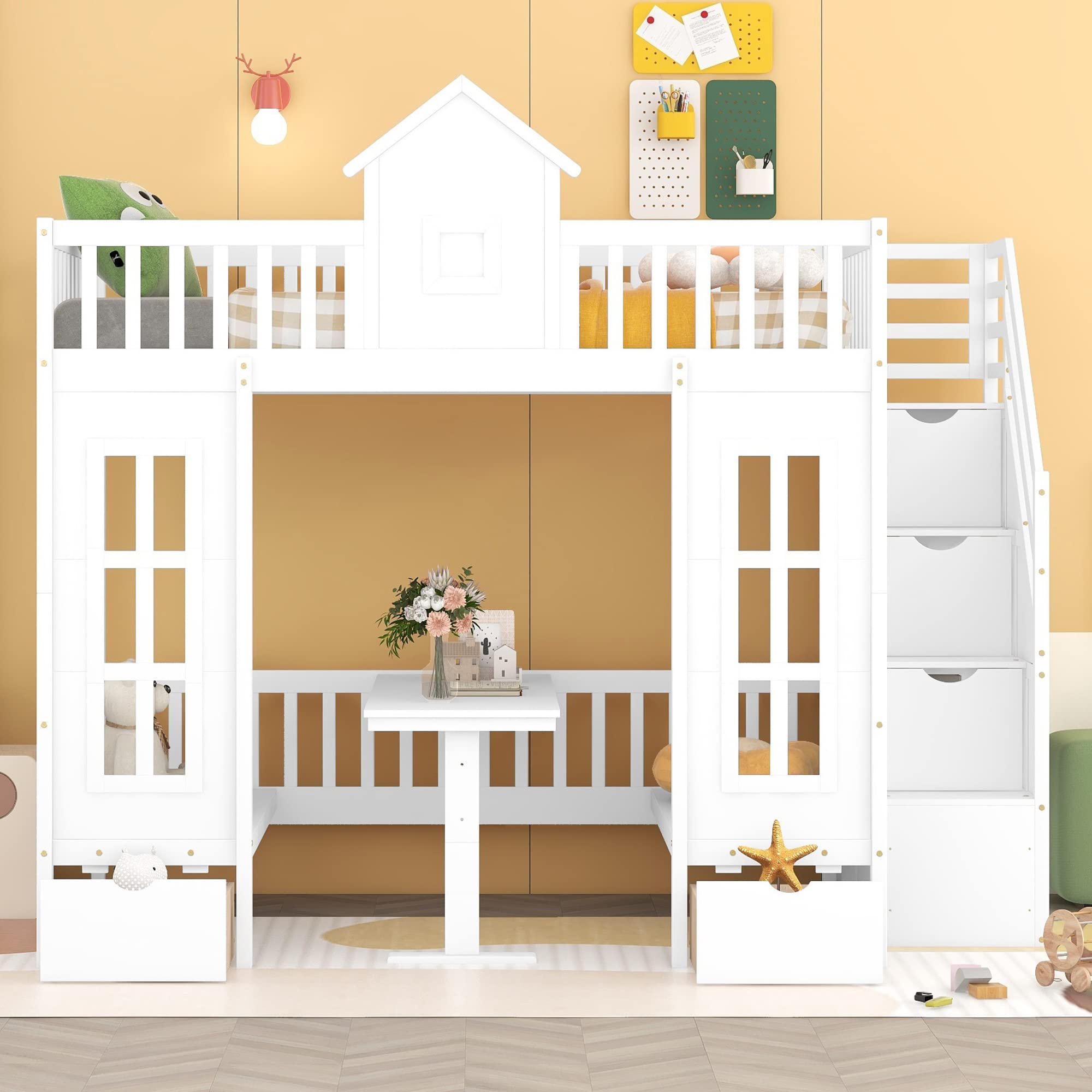 Solid Wood Full over Full Bunk Bed with Storage Staircase - Convertible Kids Bunk Bed Frame with Guardrail for Boys & Girls | Playhouse Design Twin Bunk Bed for Teens | Converts to Seating & Table Set (White) - Perfect for Small Bedrooms, Shared Kids Rooms & Space-Saving Solutions