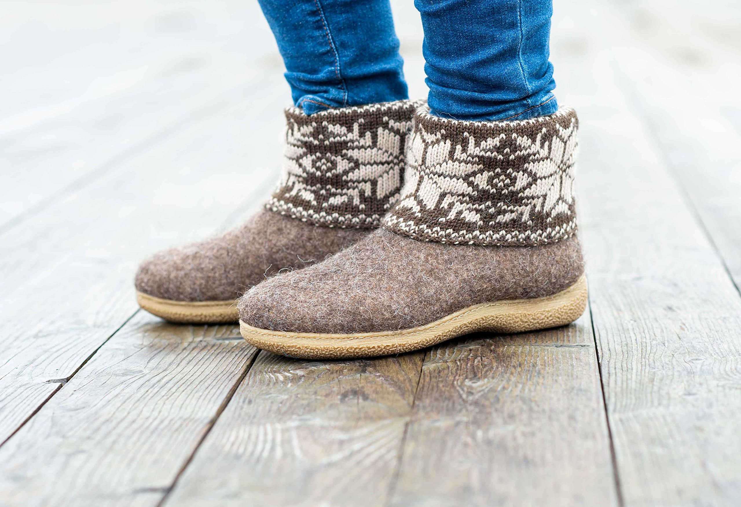 Women's Handmade Warm Wool Boot Slippers with Scandinavian Knit Collar - Cozy Indoor/Outdoor House Shoes with Rubber or Leather Outsole for Winter Comfort & Nordic Style