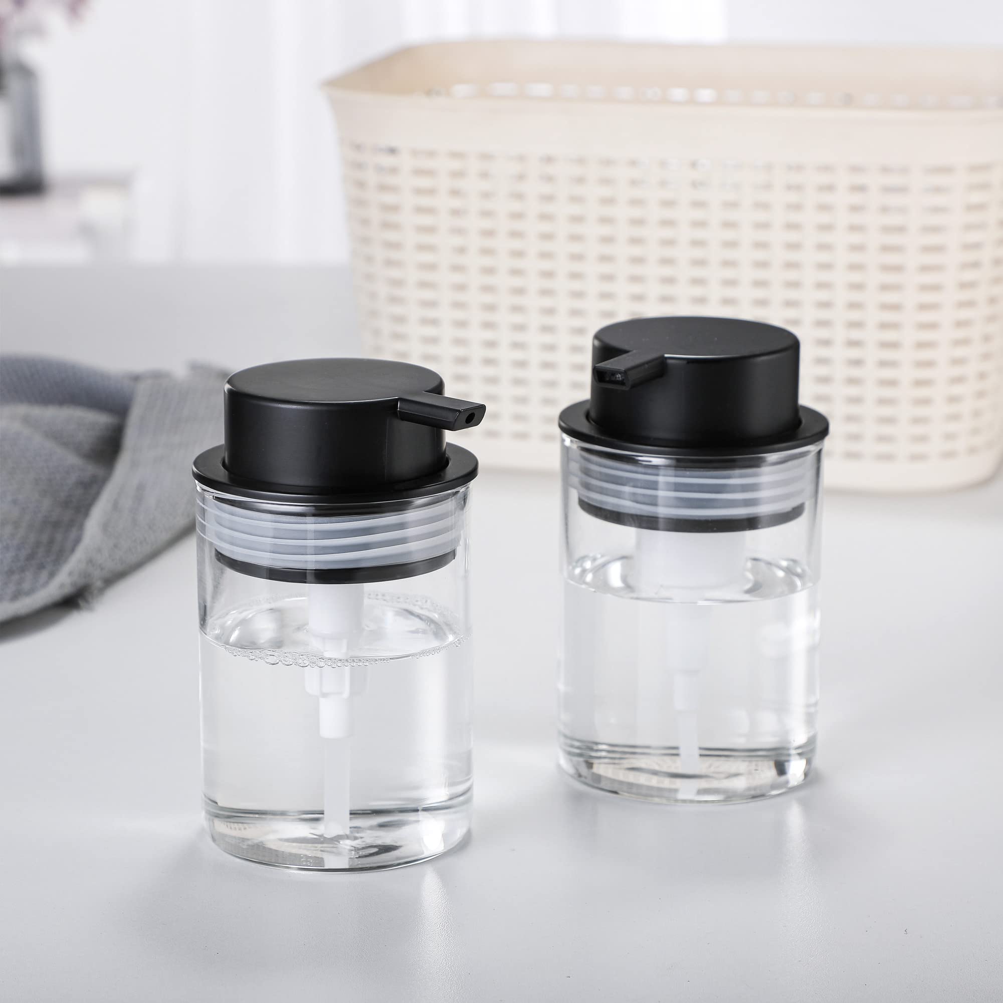 10 Oz Clear Glass Dish Soap Dispenser with Rust-Proof Plastic Pump - Refillable Round Hand Lotion Bottle for Kitchen Sink, Bathroom Counter & Vanity Organization