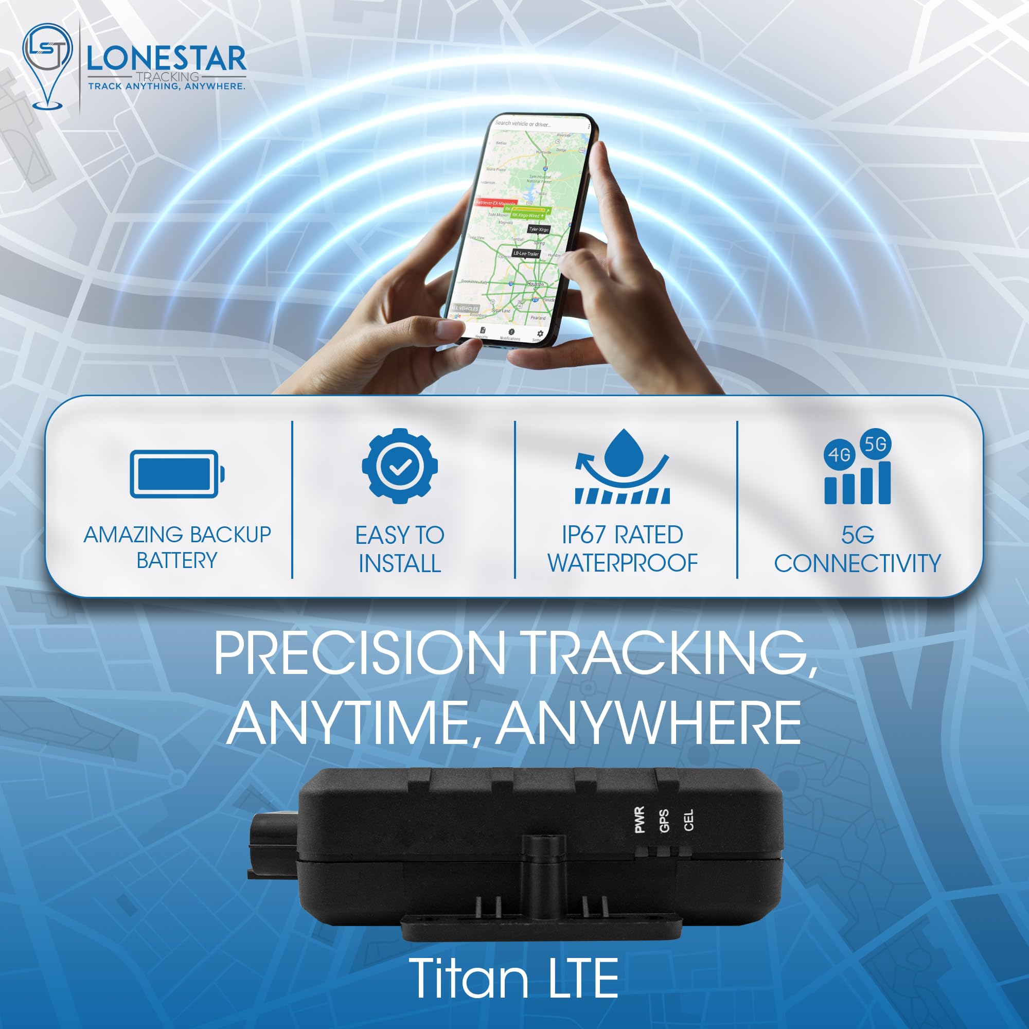 LoneStar Tracking GPS Tracker: Titan LTE 4G/5G Hidden Car GPS Device - Anti-Theft Vehicle Security for Cars, Fleet, Trucks & Assets with Real-Time Location Tracking (Subscription Required) | Perfect for Personal Vehicles, Business Fleets & Asset Protection
