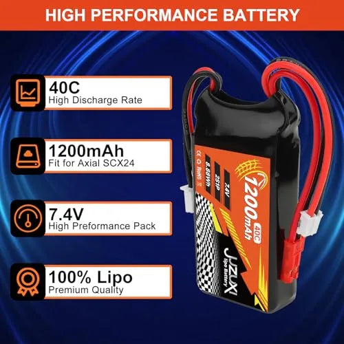 2Pcs 7.4V 1200mAh 2S 40C Lipo Rechargeable Battery with XH/JST/PH2.0 Connectors & Charger - Compatible with FPV Racing Drones, RC Cars, Boats, Quadcopters, Airplanes - Perfect for High-Speed Racing and Long Flight Time