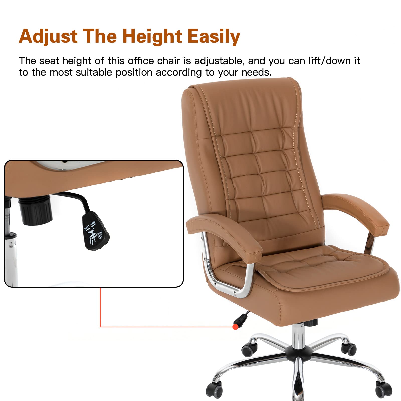 Premium Ergonomic Executive Office Chair - Adjustable High Back Leather Swivel Desk Chair with Padded Armrests, 350lbs Weight Capacity & Spring Seat - Ideal for Home Office, Gaming & Computer Workstations (Khaki)