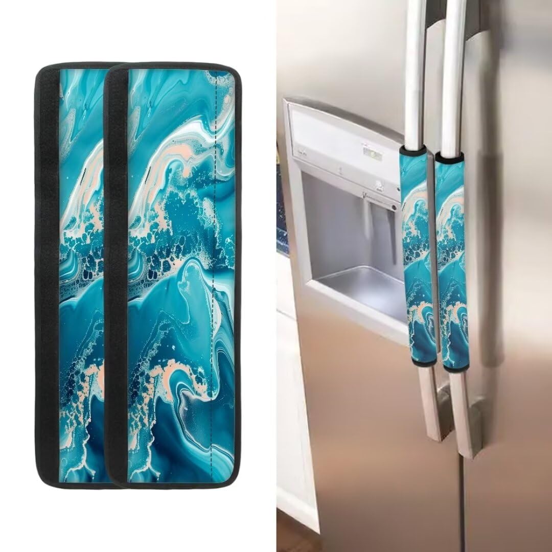 Aqua Marble Print Refrigerator Door Handle Covers - Anti-Skid Kitchen Appliance Protectors for Fridge & Oven - Fingerprint Resistant Decor Gloves (Perfect for Modern Kitchens & Home Organization)