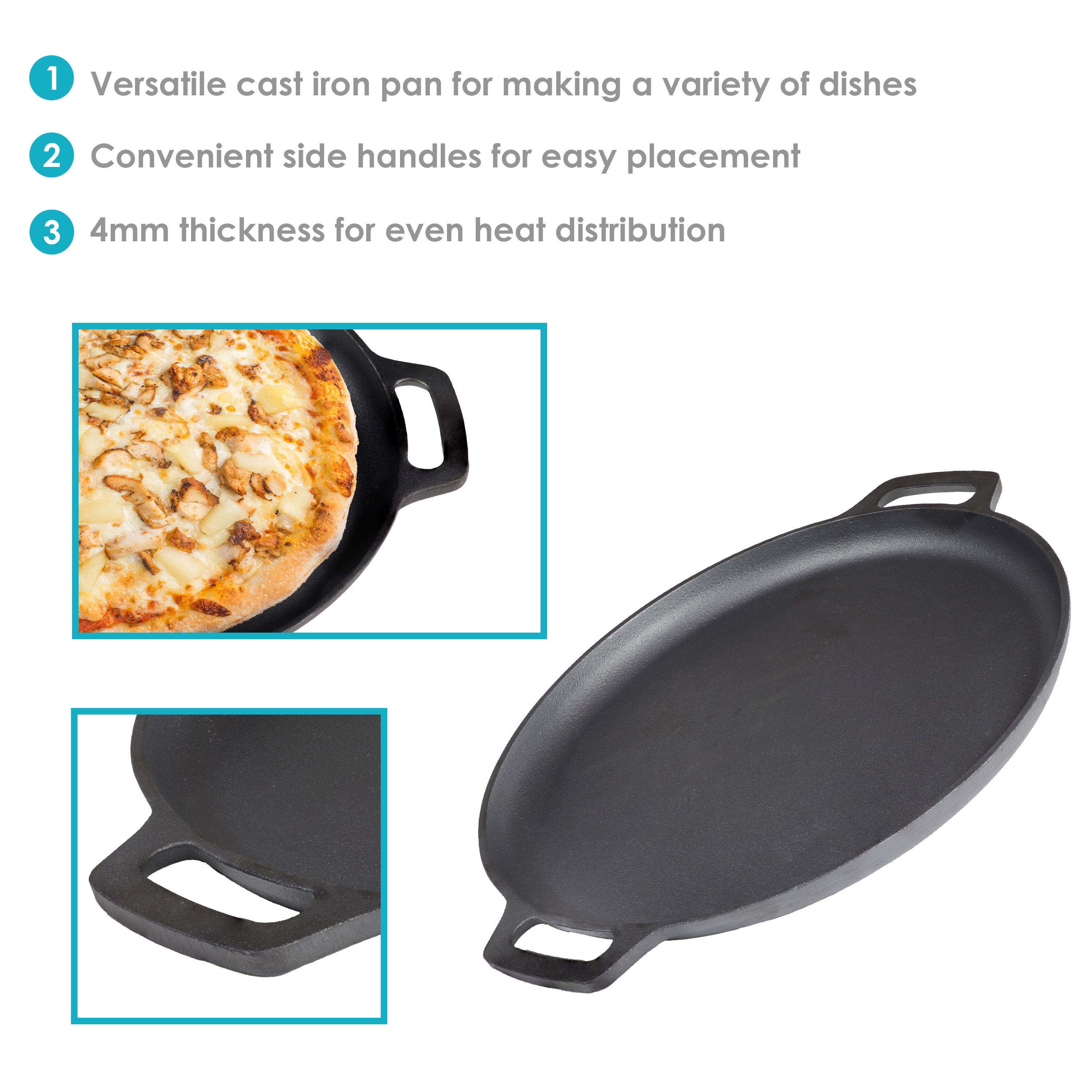 Pre-Seasoned Cast Iron Pizza Pan with 2 Side Handles - 12 Inch Rust-Free Baking Dish for Oven, Grill & Stovetop - Perfect for Homemade Pizza, Bread & Desserts