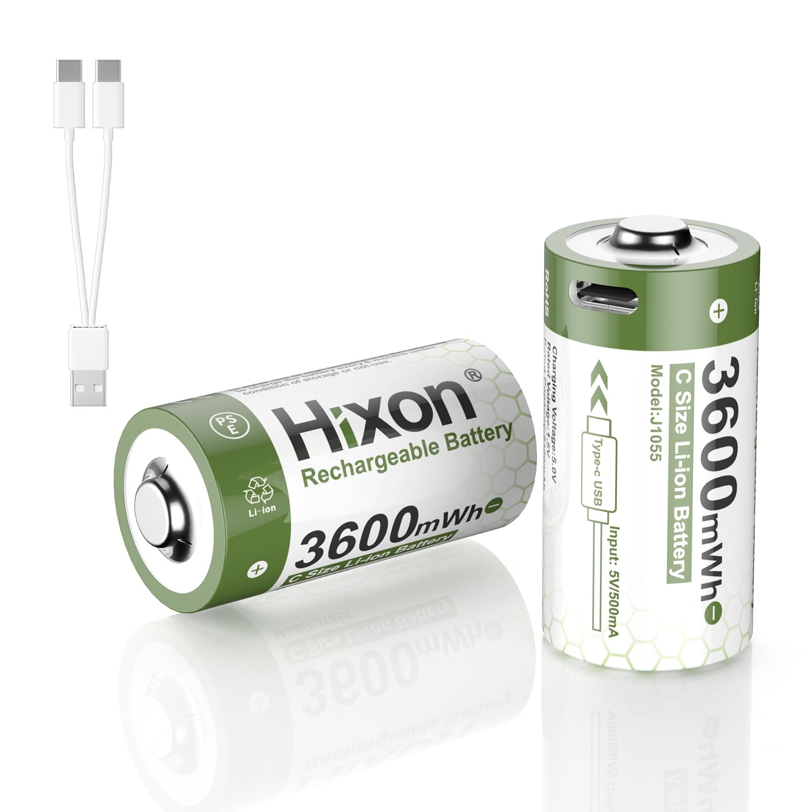 Hixon 1.5V USB Rechargeable C Size Lithium Batteries - 3600mWh High Capacity, Fast 2-Hour Charging, 1500+ Cycles, Includes 2-in-1 USB-A to USB-C Cable & LED Indicator (2-Pack) - Perfect for Flashlights, Toys, and Home Electronics
