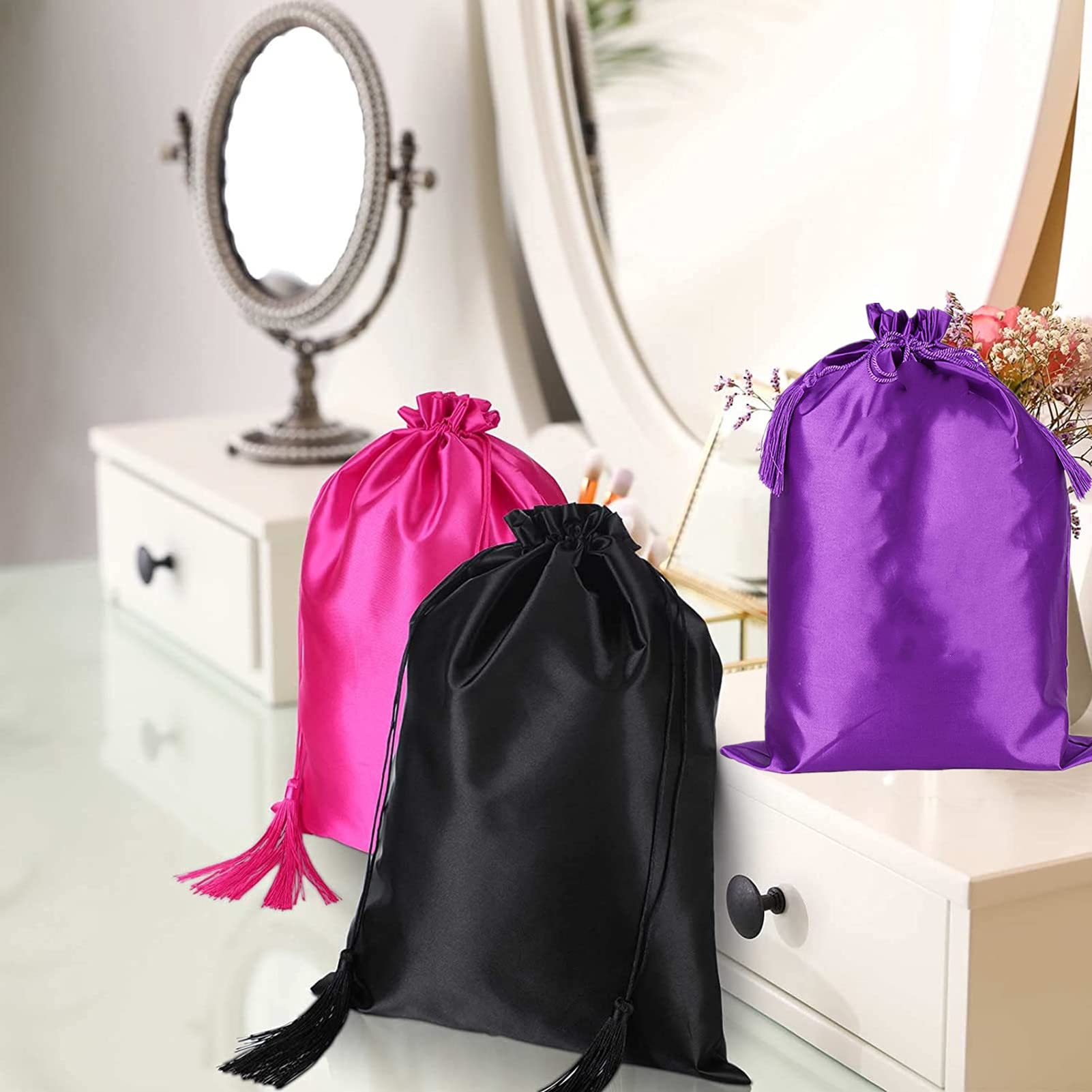 10 Pack Purple Satin Wig Bags with Drawstring & Tassels - Silk Hair Storage Bags for Wigs, Hair Extensions & Bundles - Travel Organizer for Salon, Cosplay & Protective Hairstyles